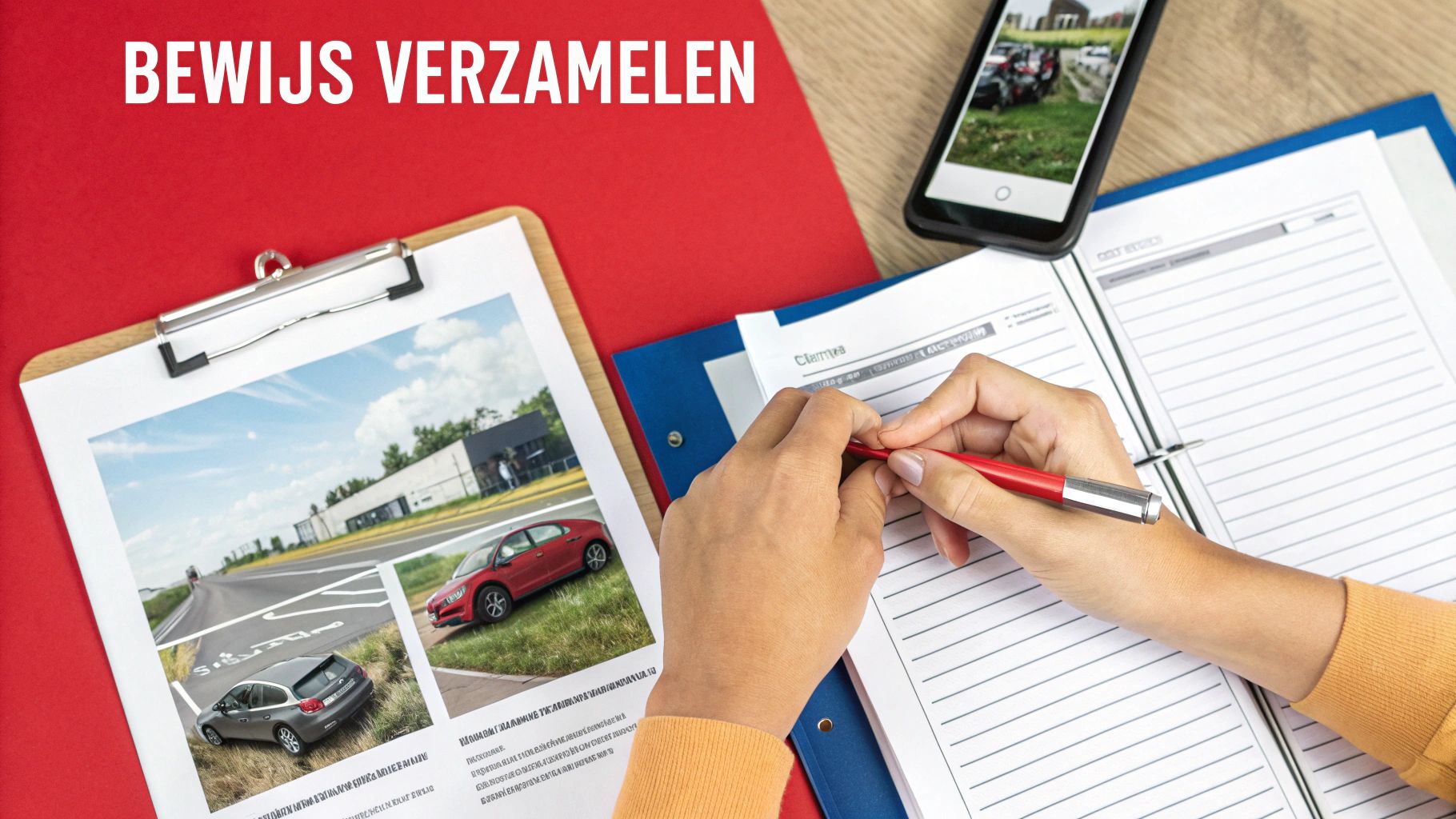 Een persoon die aantekeningen maakt naast een klembord met foto's van auto's, met de tekst 'Bewijs Verzamelen'.