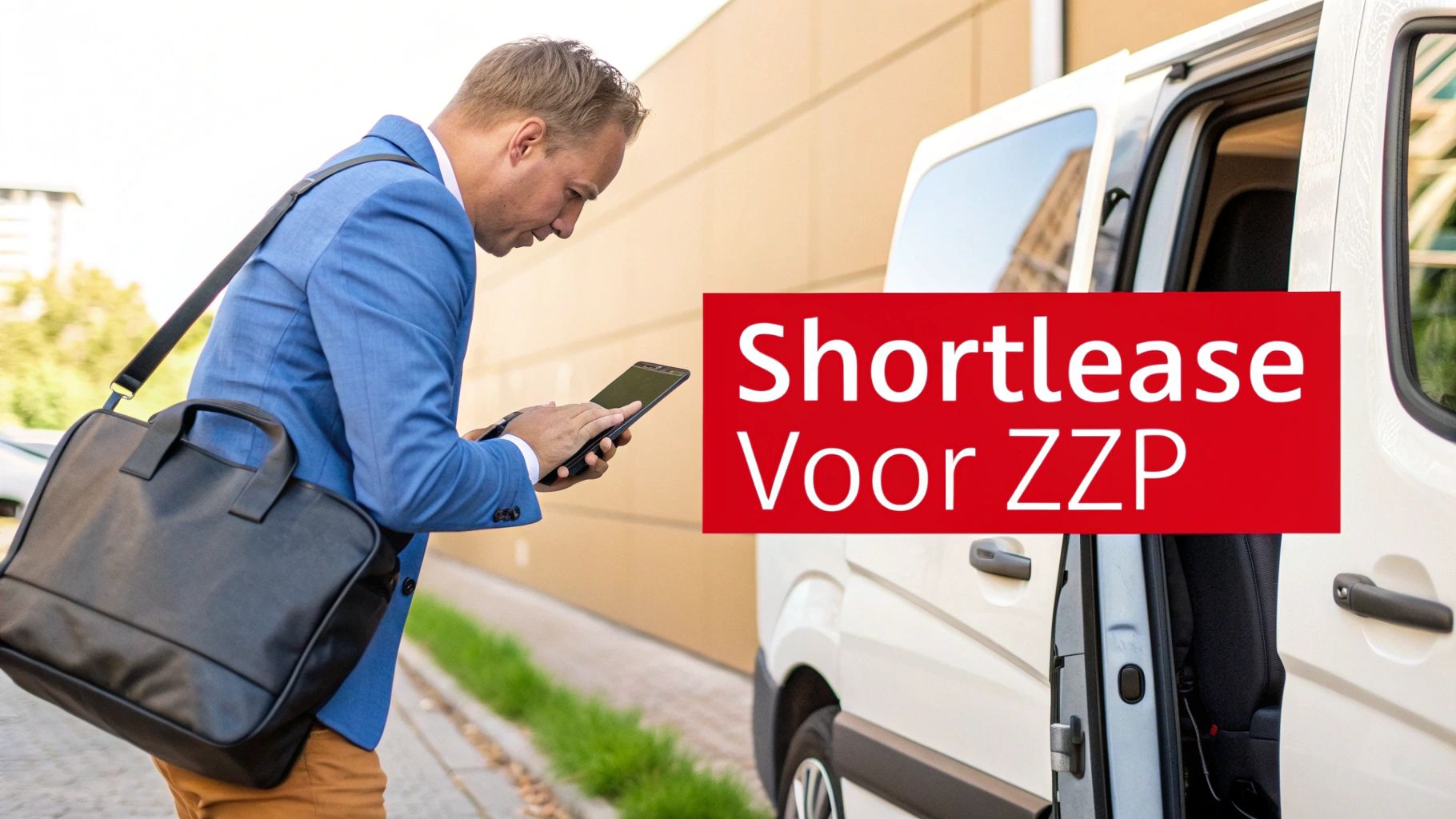 Man in pak kijkt op smartphone naast een witte bestelwagen, met een rode banner 'Shortlease Voor ZZP'.