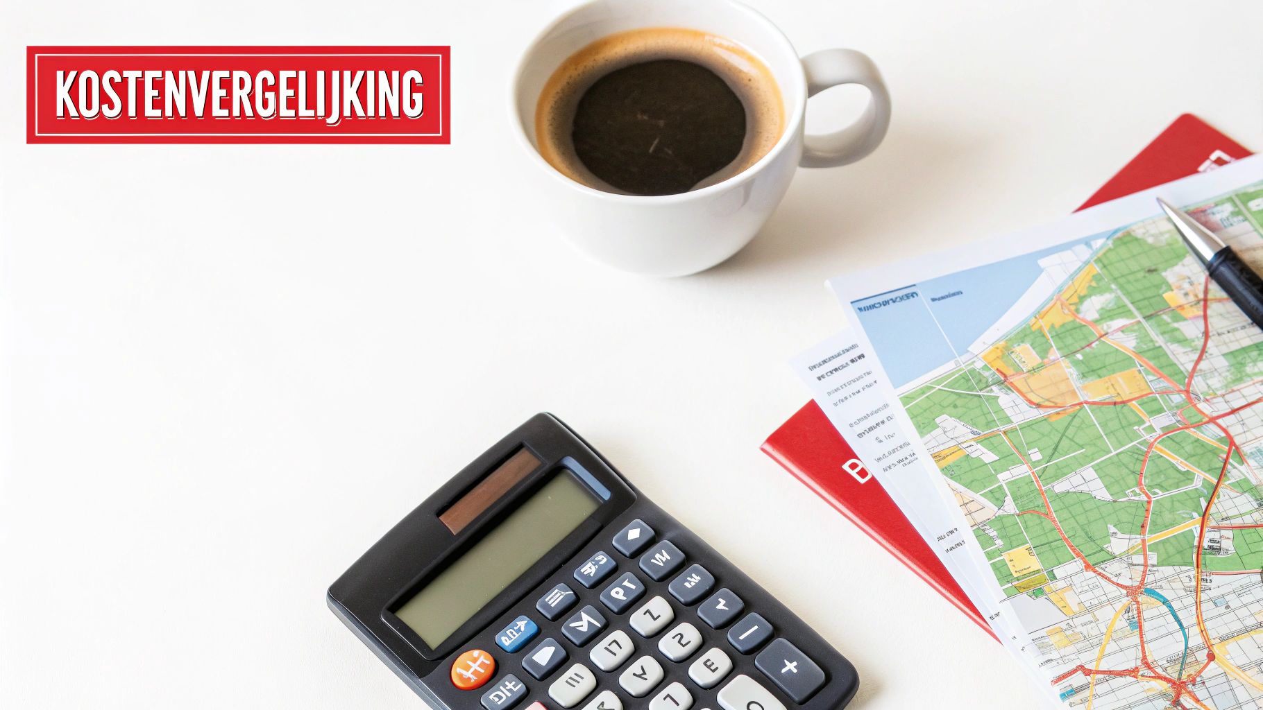 Een calculator, kaart, pen en koffie op een witte achtergrond, met de tekst 'Kostenvergelijking'.