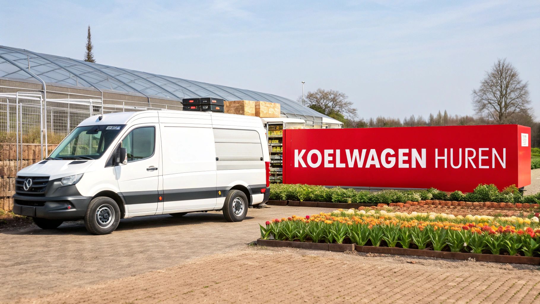 Een witte koelwagen van Mercedes-Benz geparkeerd voor een rood bord met 'KOELWAGEN HUREN' en bloemen.