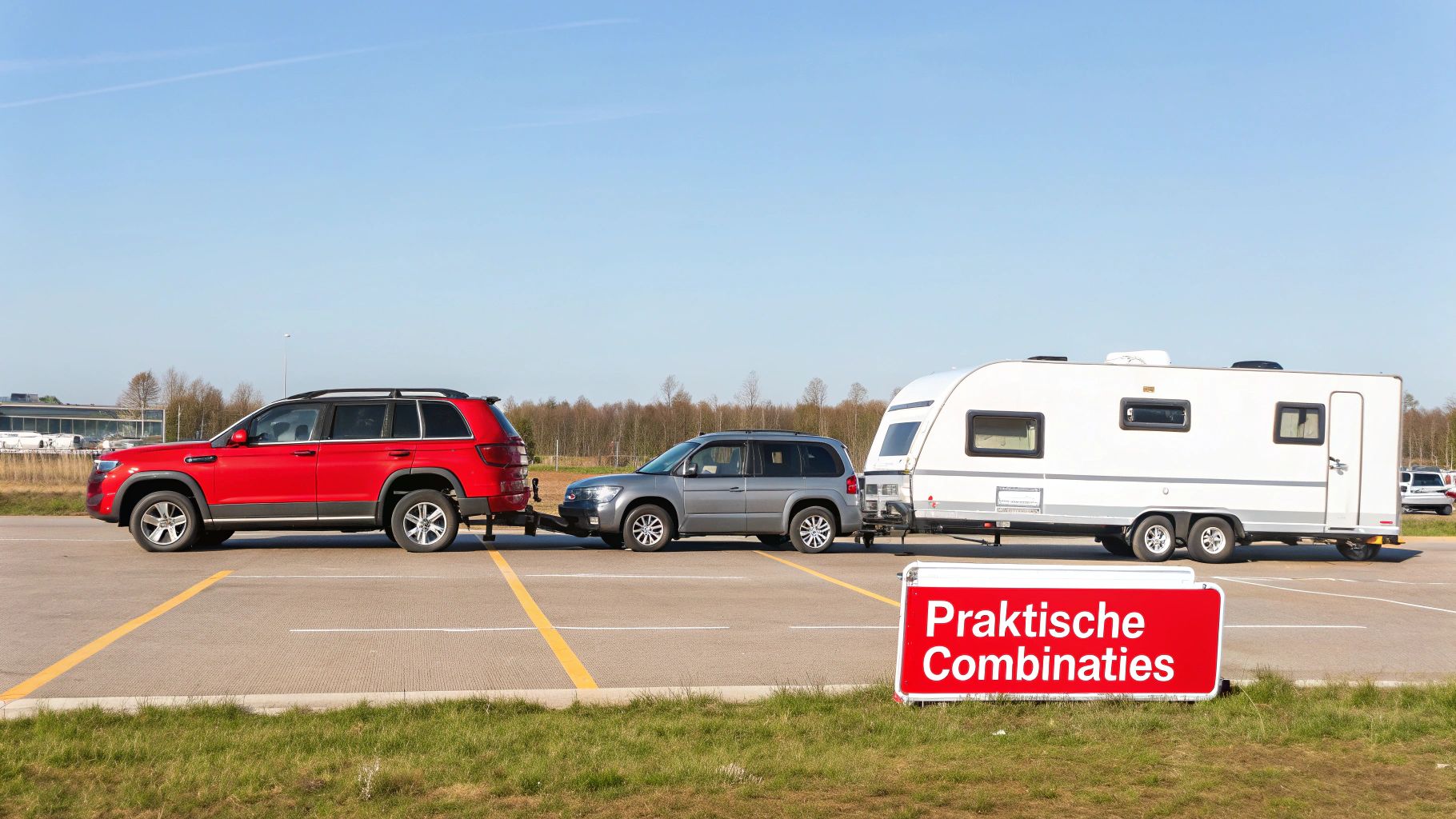Rode SUV trekt grijze SUV die een witte caravan sleept, geparkeerd op een terrein, met bord 'Praktische Combinaties'.