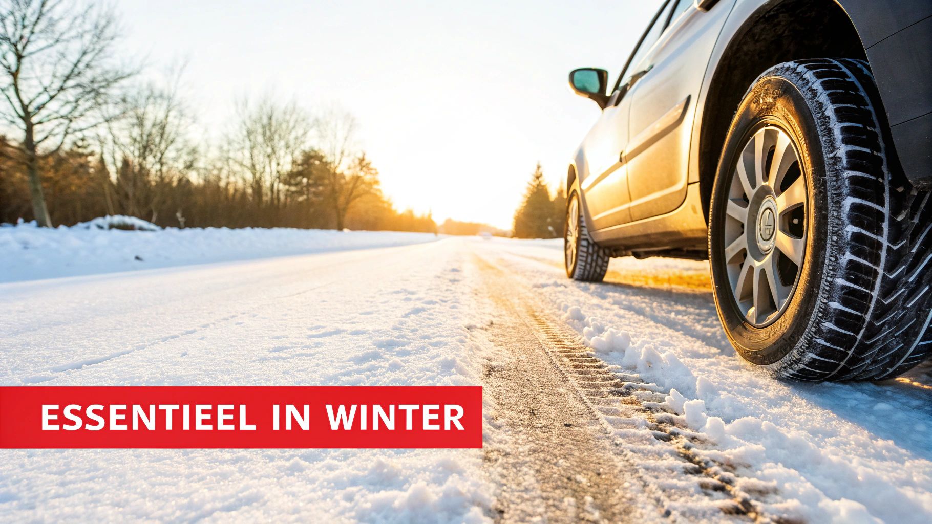 Zijaanzicht van een auto met winterbanden op een besneeuwde weg, cruciaal voor veilige winterritten.
