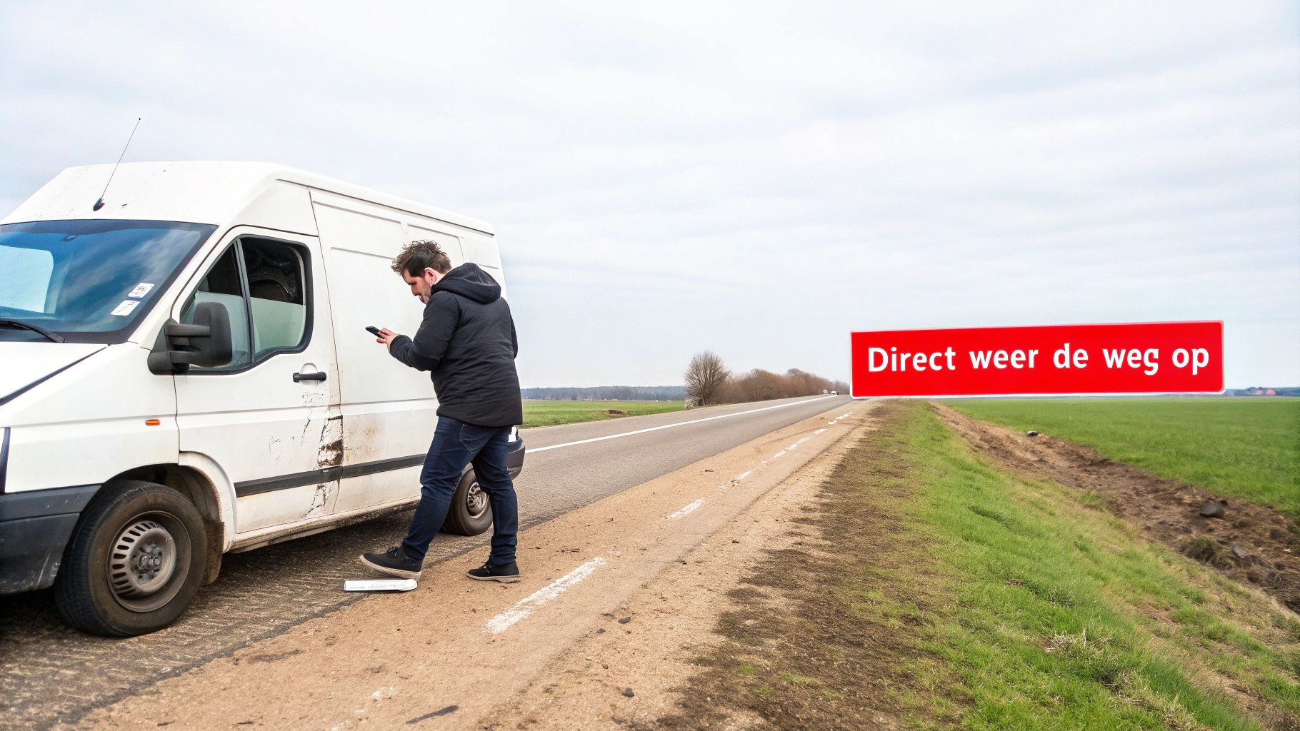 Een man staat bij een beschadigde witte bestelbus langs de weg en kijkt op zijn telefoon, waarschijnlijk om hulp te regelen.