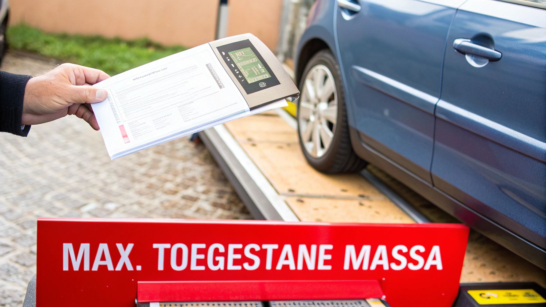 Man houdt document vast naast blauwe auto op weegplatform, met 'MAX. TOEGESTANE MASSA' bord.