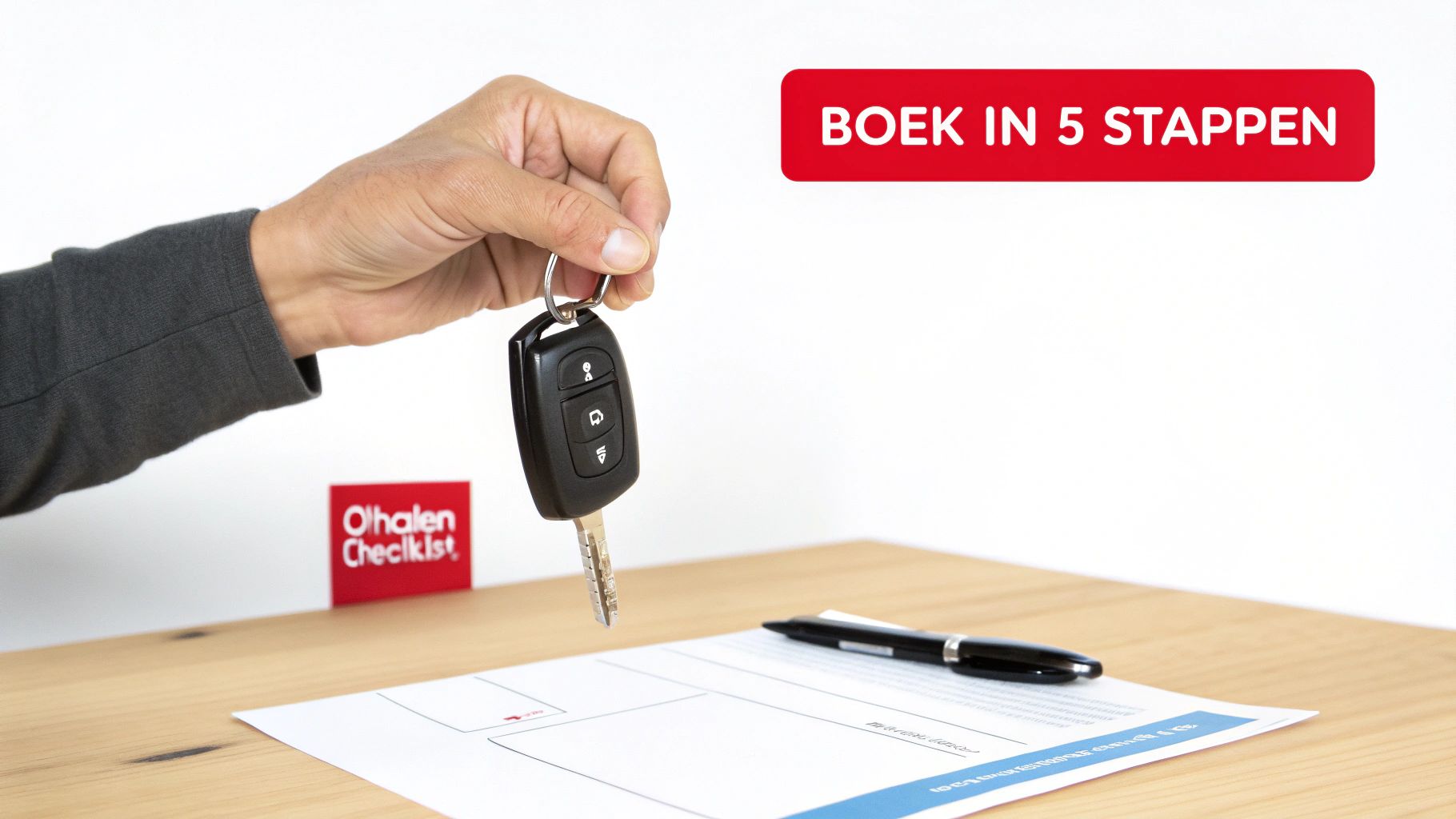 Hand houdt autosleutels boven document en pen op tafel, met 'Boek in 5 stappen' banner.