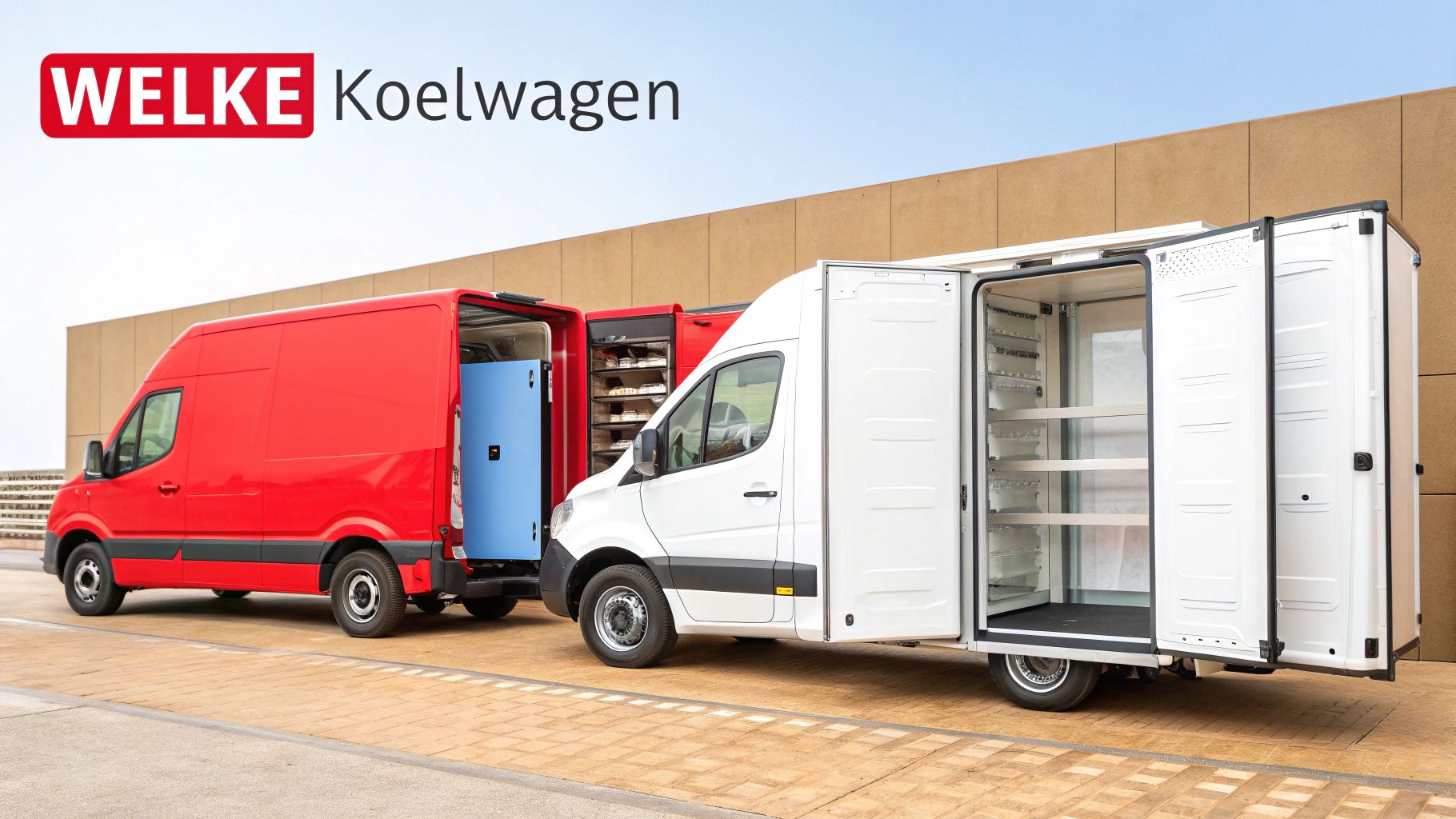 Twee koelwagens, één rood en één wit, met open achterdeuren die de koelruimte en planken tonen. Ideaal voor transport.