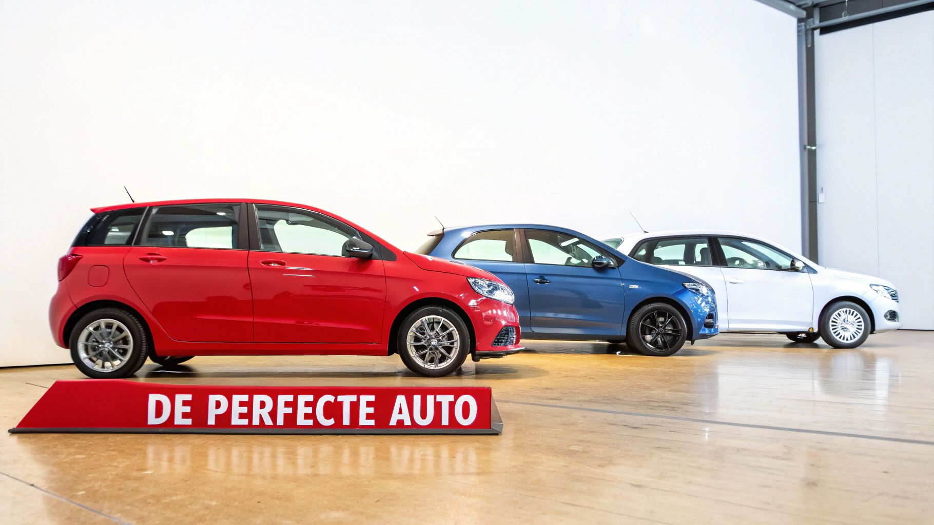 Drie auto's, rood, blauw en wit, staan in een showroom. Op de voorgrond een rood bord met 'DE PERFECTE AUTO'.