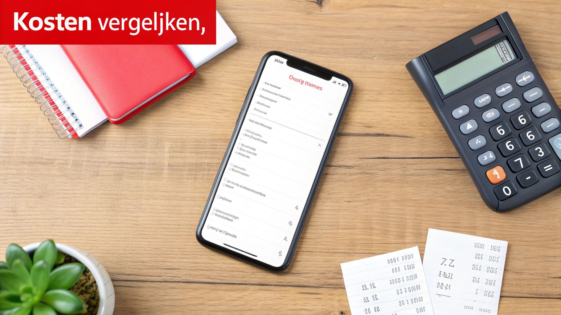 Bureaublad met smartphone, rekenmachine en notitieboek, perfect voor het vergelijken van kosten en financiële planning.