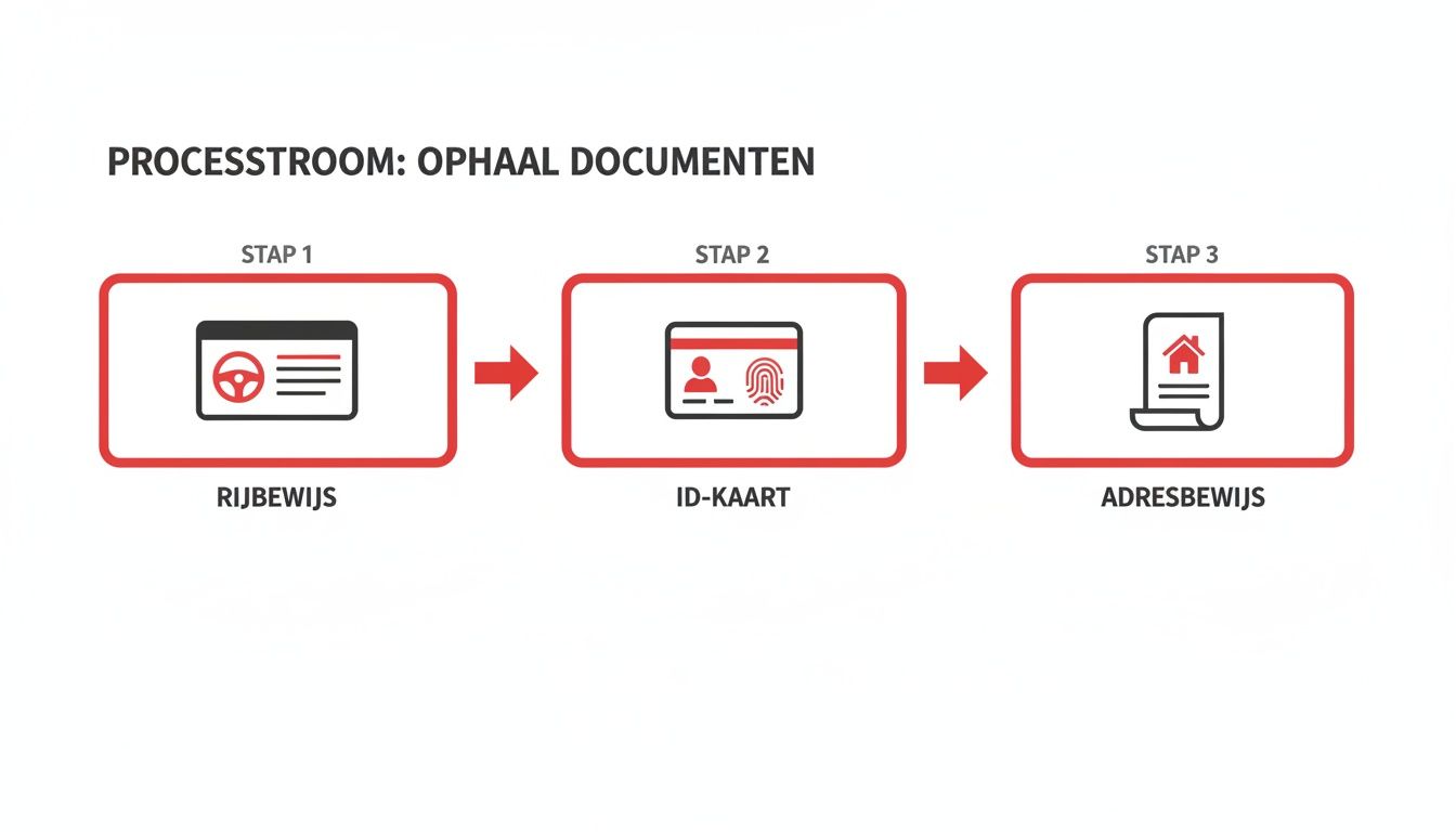 Processtroom voor het ophalen van documenten: rijbewijs, ID-kaart en adresbewijs in drie stappen.