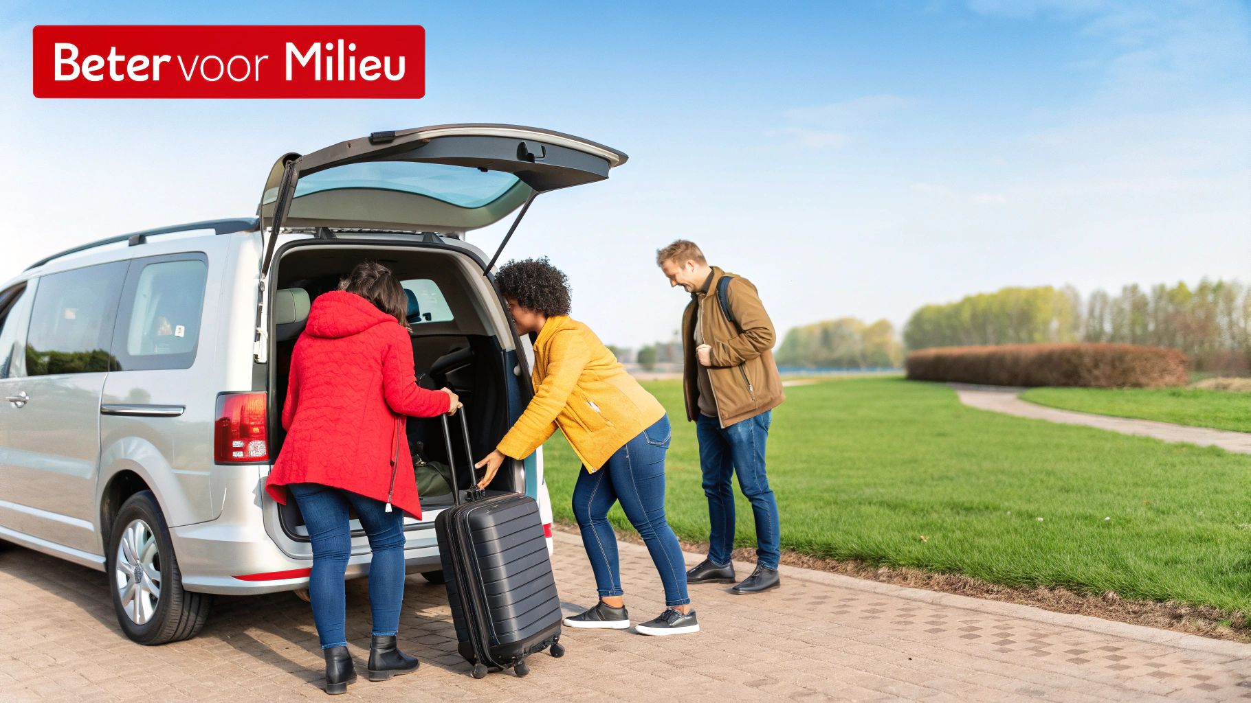 Mensen laden bagage in een zilveren busje op een zonnige dag, met de tekst 'Beter voor Milieu'.