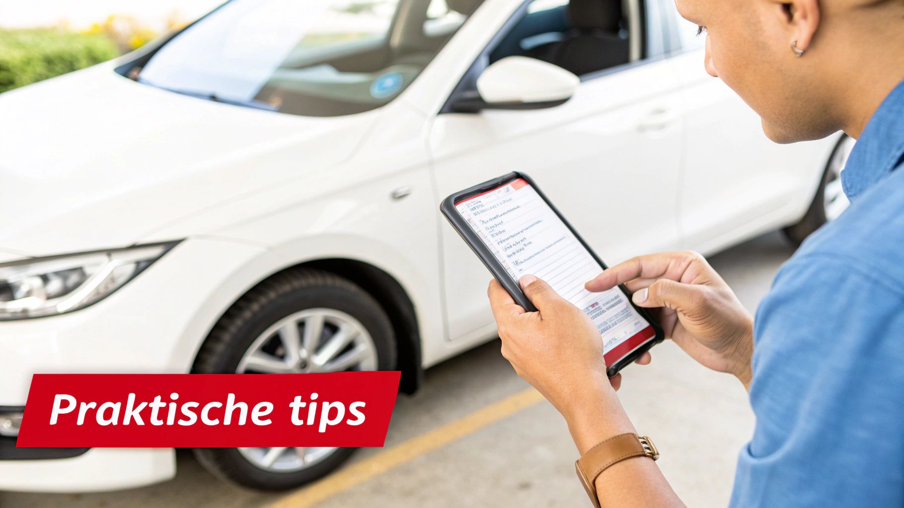 Man bekijkt een checklist op zijn smartphone naast een witte auto, met een rode banner 'Praktische tips'.