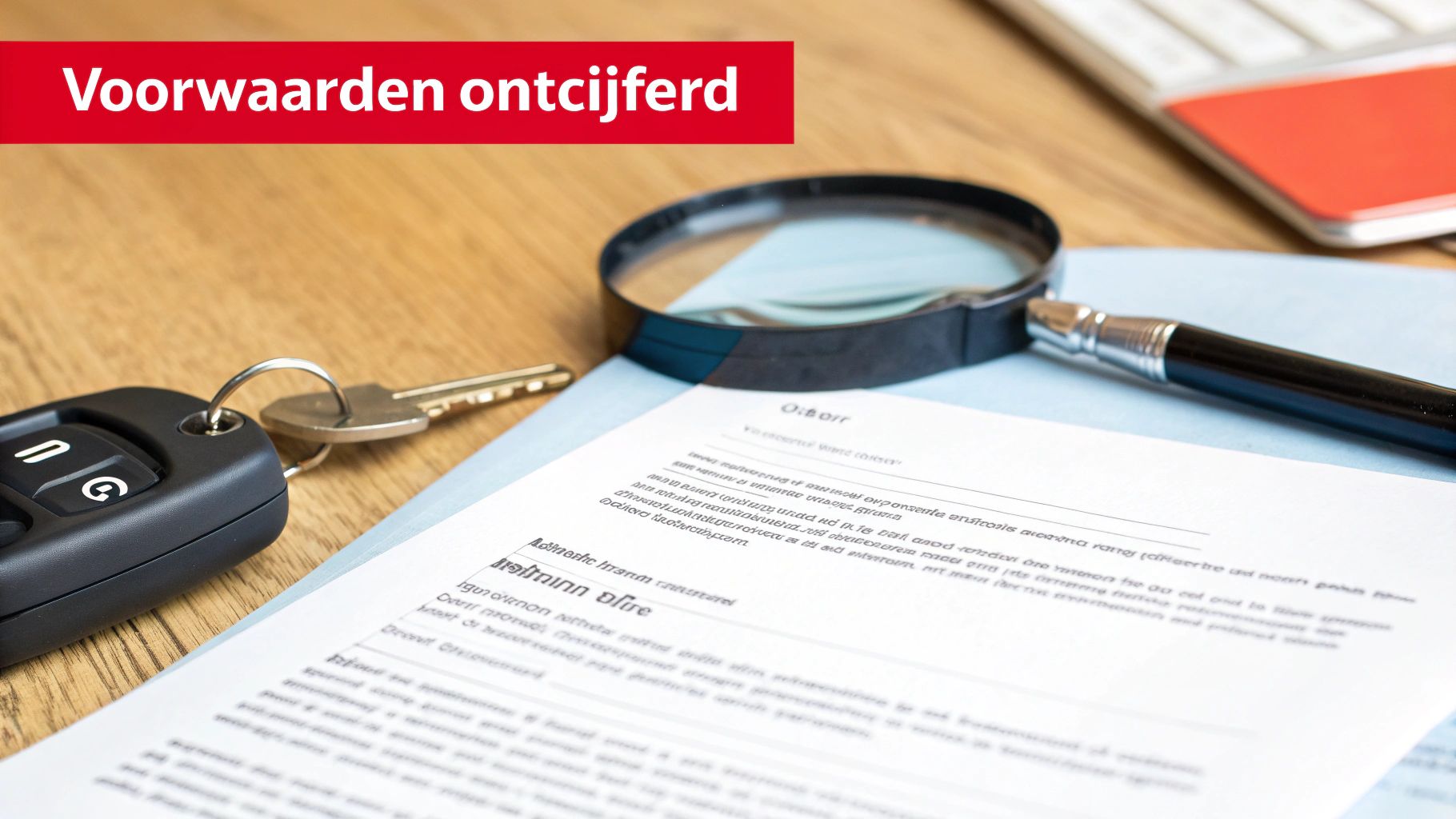 Een vergrootglas op een document, autosleutels en een pen op een houten bureau met de tekst 'Voorwaarden ontcijferd'.