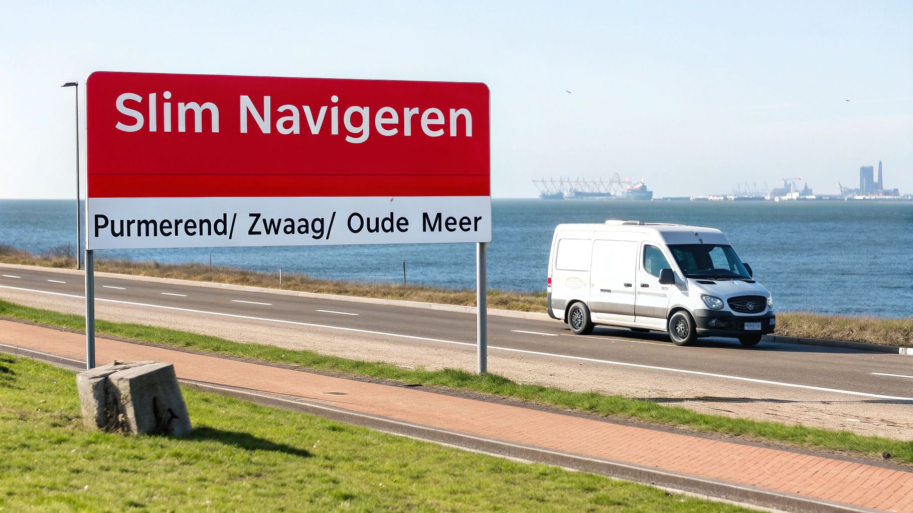 Een wit busje rijdt langs een weg naast de zee, met een rood-wit verkeersbord "Slim Navigeren" op de voorgrond.