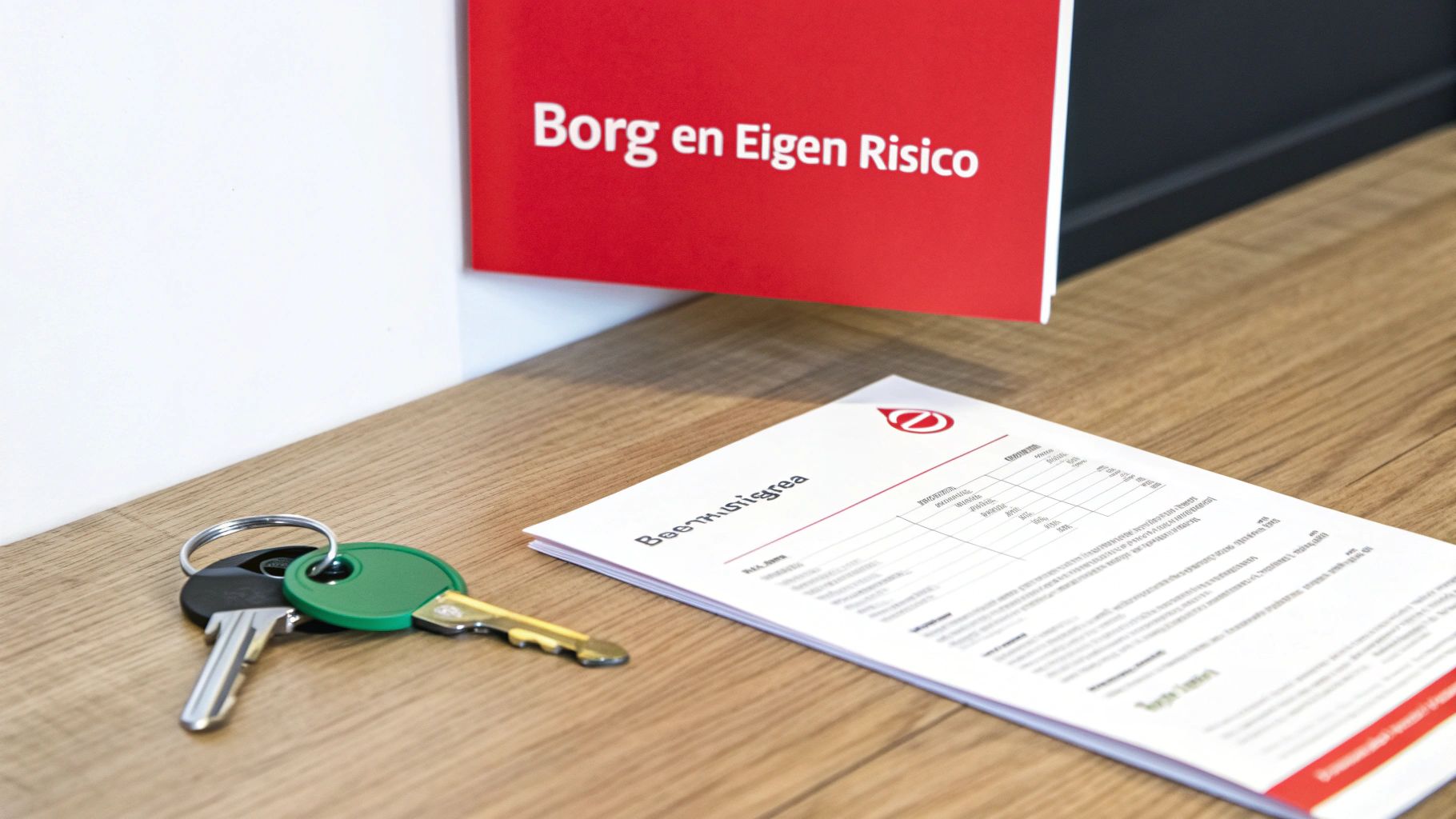 Sleutels en document op houten tafel, met rood bord 'Borg en Eigen Risico' op de achtergrond.