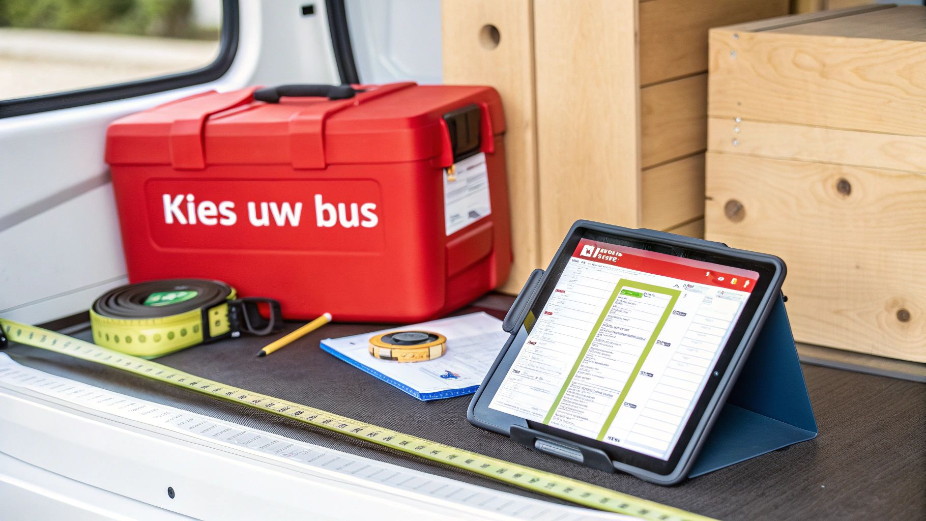 Achterkant van bestelbus met rode gereedschapskist 'Kies uw bus', meetlint en tablet.