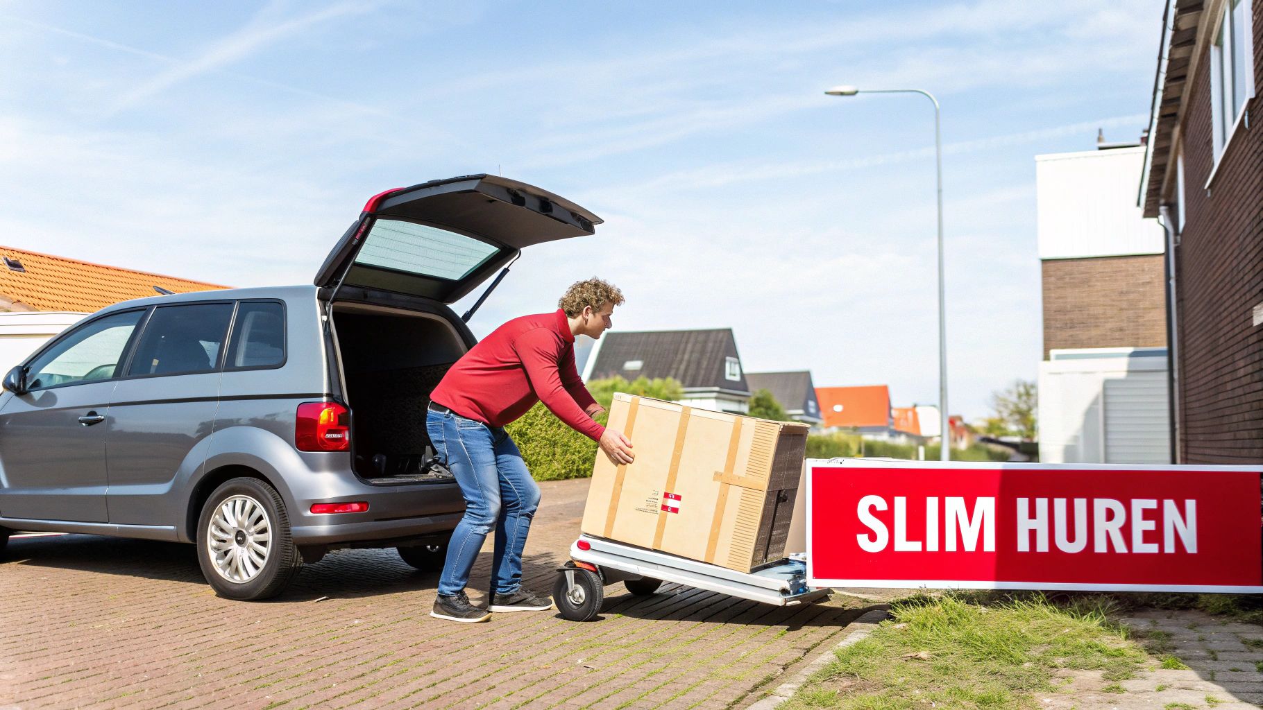 Man laadt een grote doos vanaf een kar in de open kofferbak van een grijze auto.