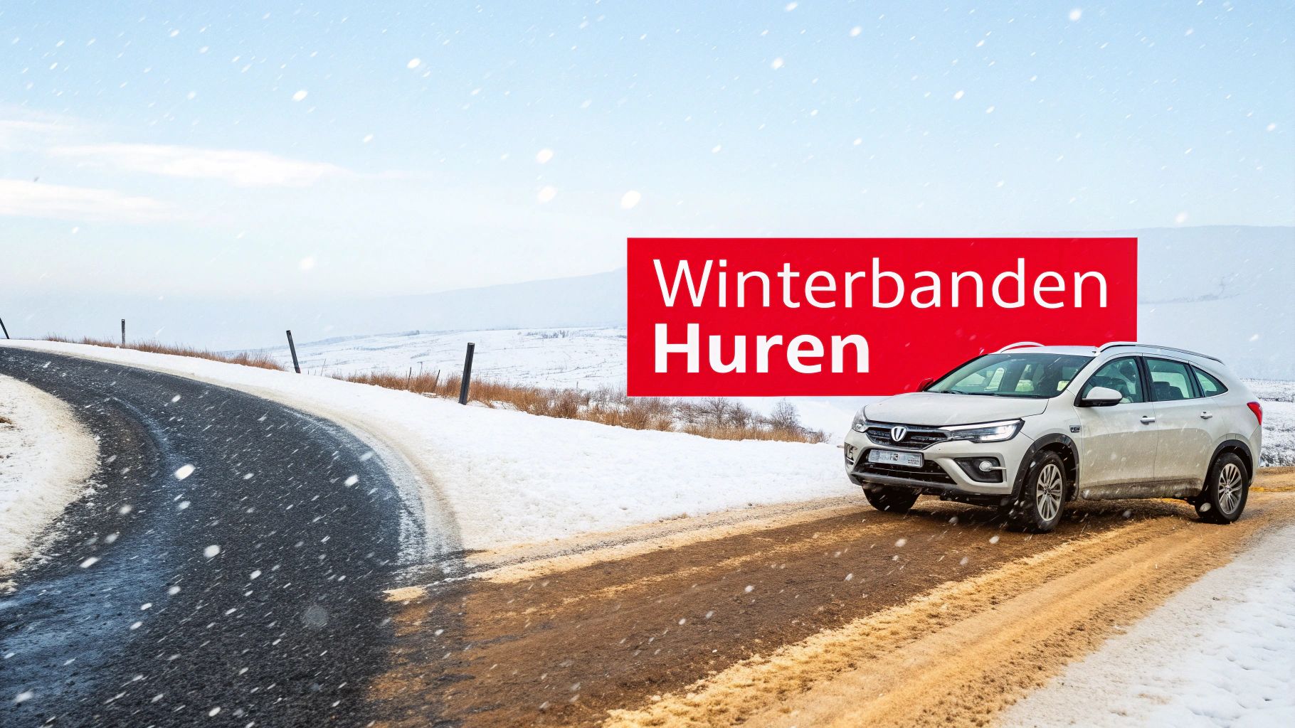 Witte SUV met winterbanden rijdt op een besneeuwde weg met vallende sneeuw. Rode banner toont 'Winterbanden Huren'.