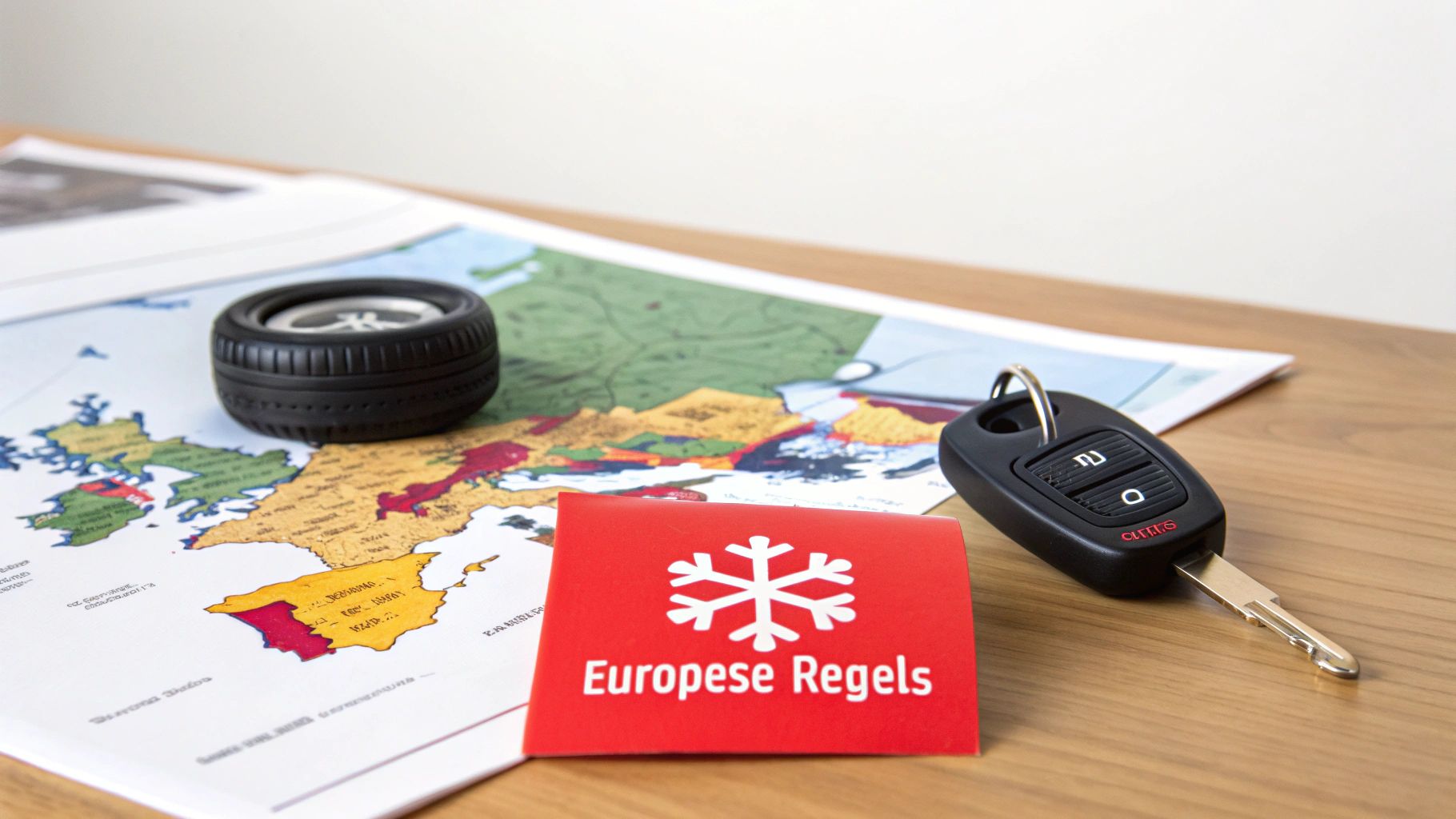 Een kaart van Europa met een miniatuur autoband, autosleutel en een rood kaartje 'Europese Regels' en een sneeuwvlok.