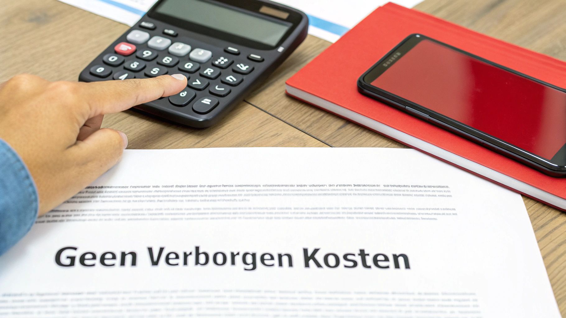 Een hand drukt op een rekenmachine naast een document met 'Geen Verborgen Kosten', met een telefoon en notitieboek.