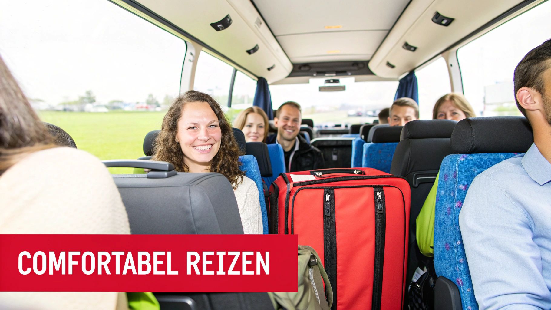 Blauwe businterieur met lachende passagiers en rode koffers, wat comfortabel reizen suggereert.