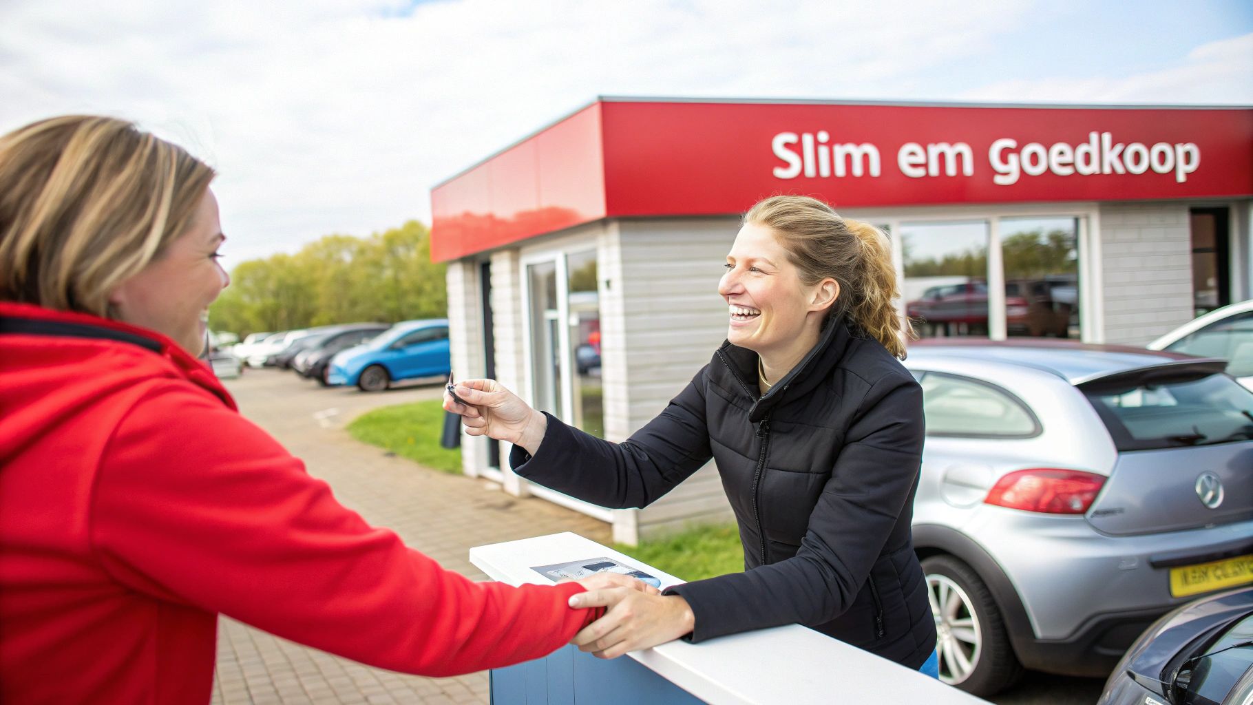 Twee lachende vrouwen, een medewerkster overhandigt autosleutels aan een blije klant voor een gebouw van 'Slim em Goedkoop'.