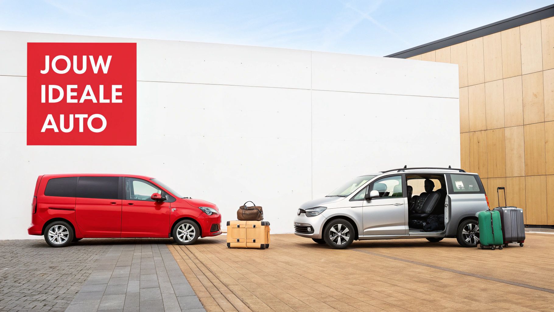 Twee bestelwagens, een rode en een zilveren, met bagage en een rood bord met 'JOUW IDEALE AUTO'.