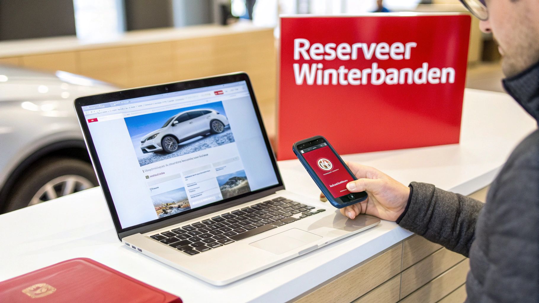 Een persoon houdt een smartphone vast naast een laptop die een auto toont en een rood bord met 'Reserveer Winterbanden'.