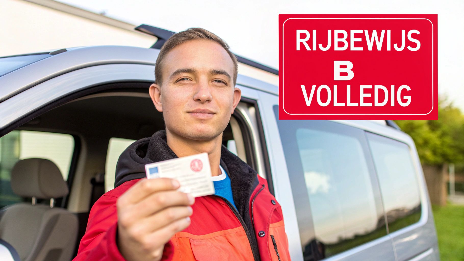 Jonge man lachend bij een zilveren busje, toont trots zijn volledige rijbewijs B.