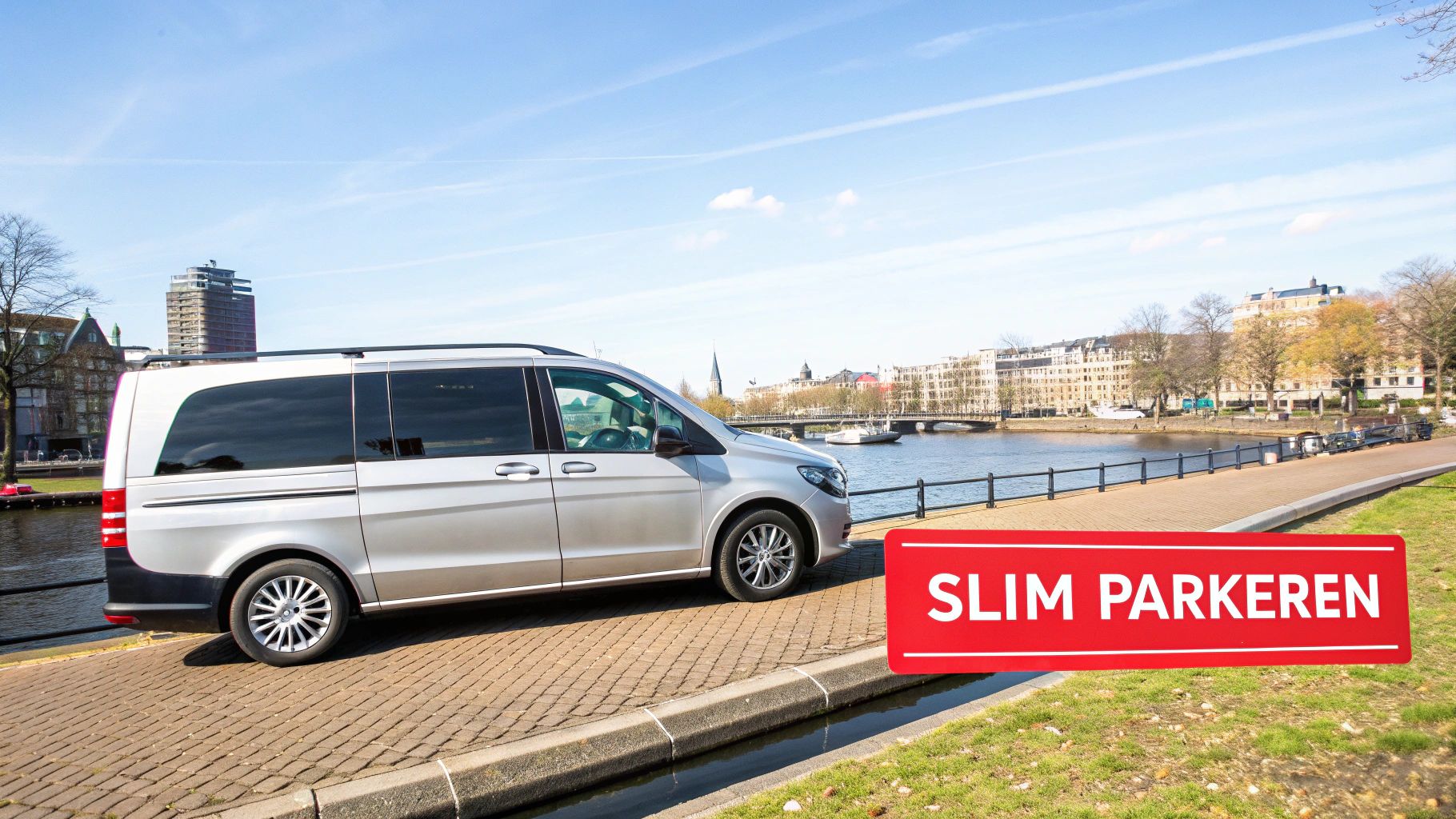 Een zilveren 9-persoons bus staat geparkeerd langs een Amsterdamse gracht, met een 'Slim Parkeren' bord op de voorgrond.