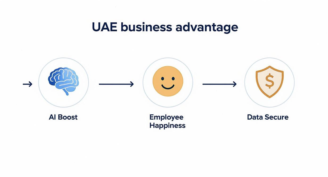 Diagram illustrating UAE business advantages with icons for AI Boost, Employee Happiness, and Data Secure.