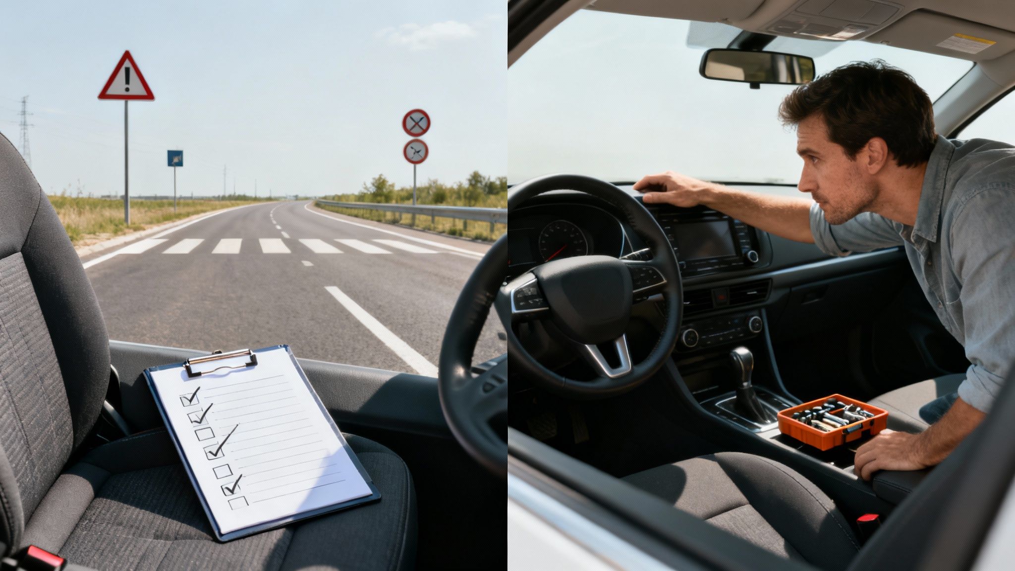 A split image showing a car's interior with a checklist, an open road, and a man inspecting the dashboard.