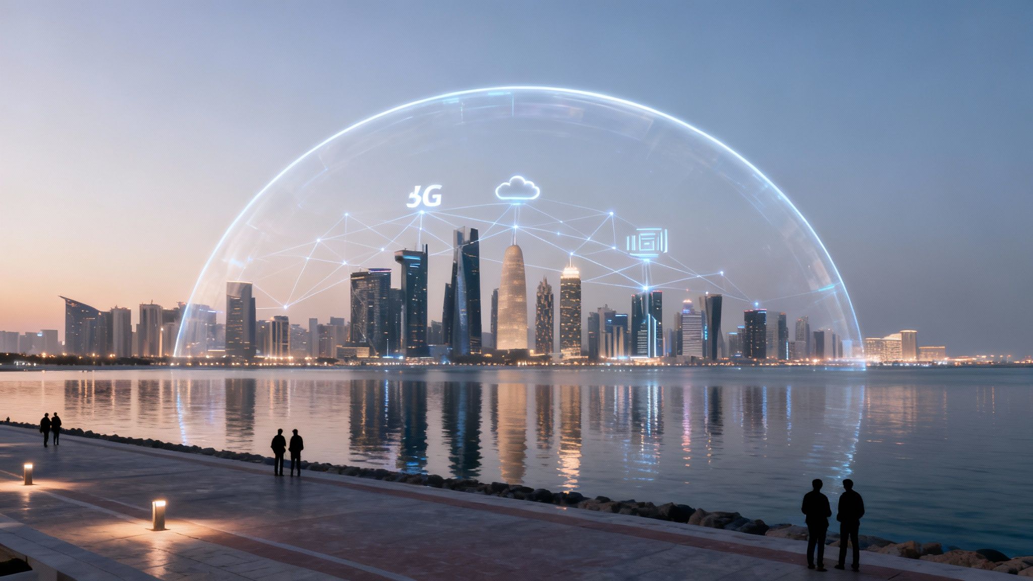 Dusk view of a modern city skyline under a 5G network dome with cloud computing icons, symbolizing smart city infrastructure.