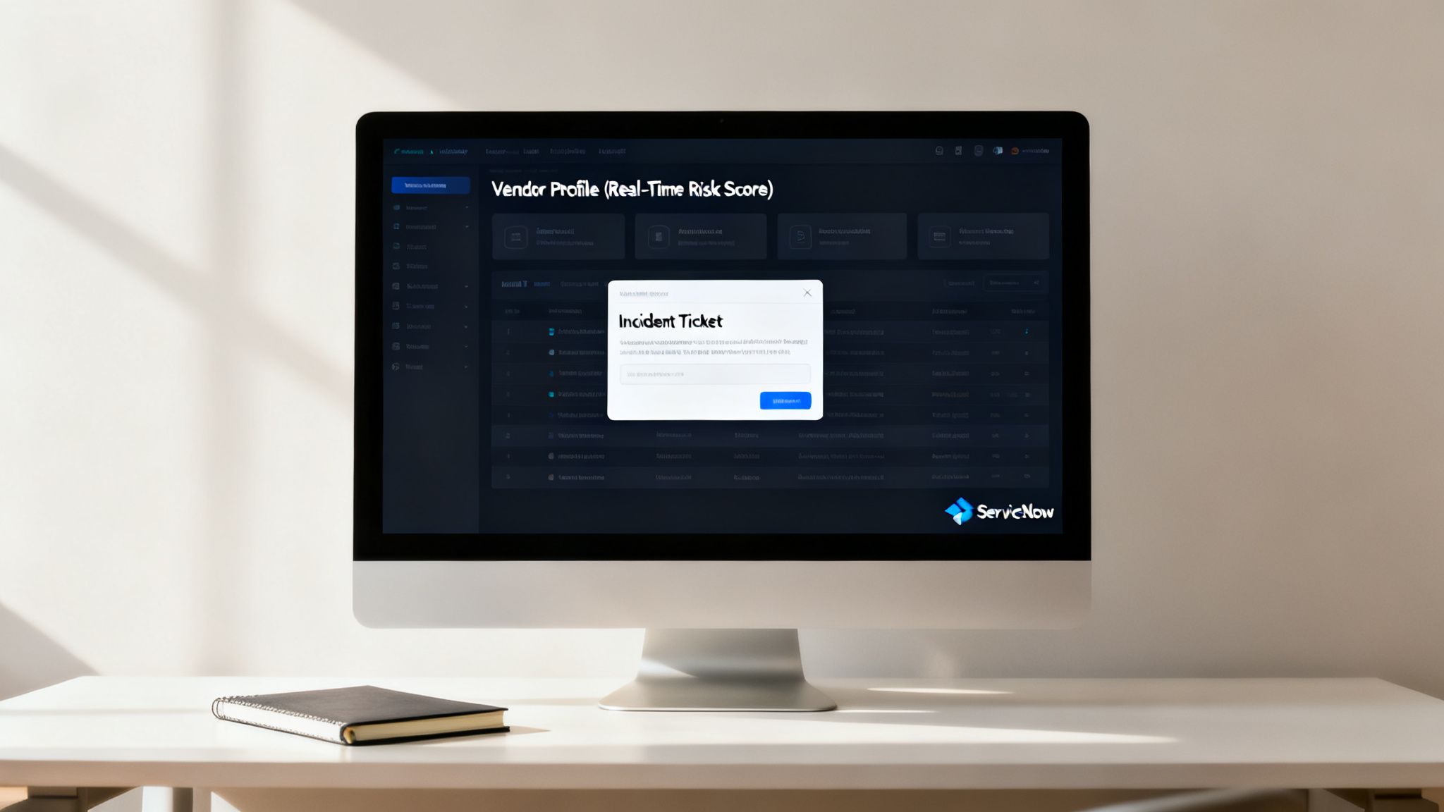 A computer monitor displays a dark-themed vendor profile dashboard with an 'Incident Ticket' pop-up and ServiceNow logo.