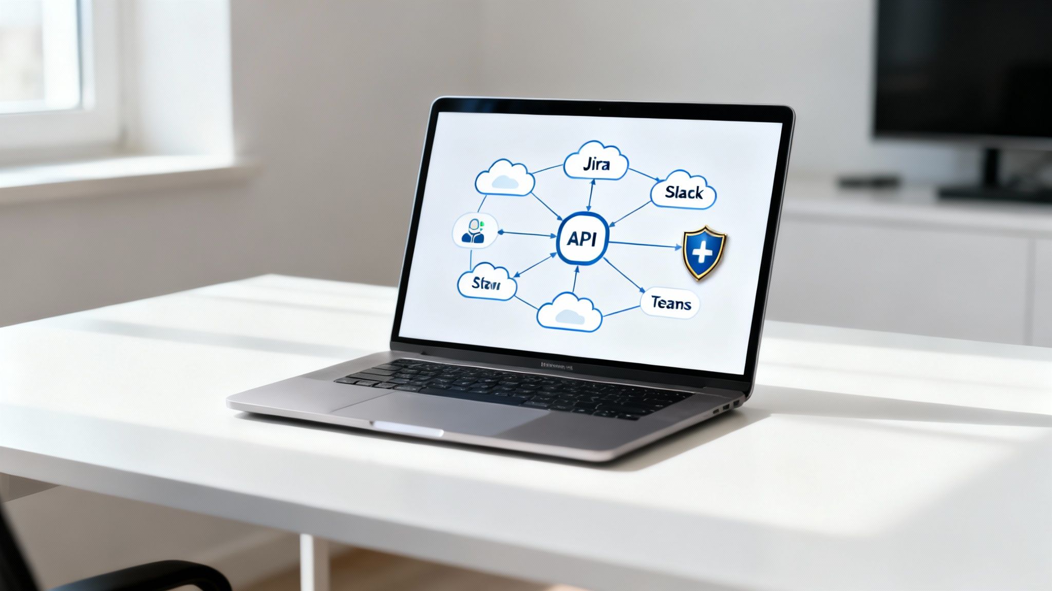 A laptop on a white desk displays an API integration diagram connecting various software and teams.