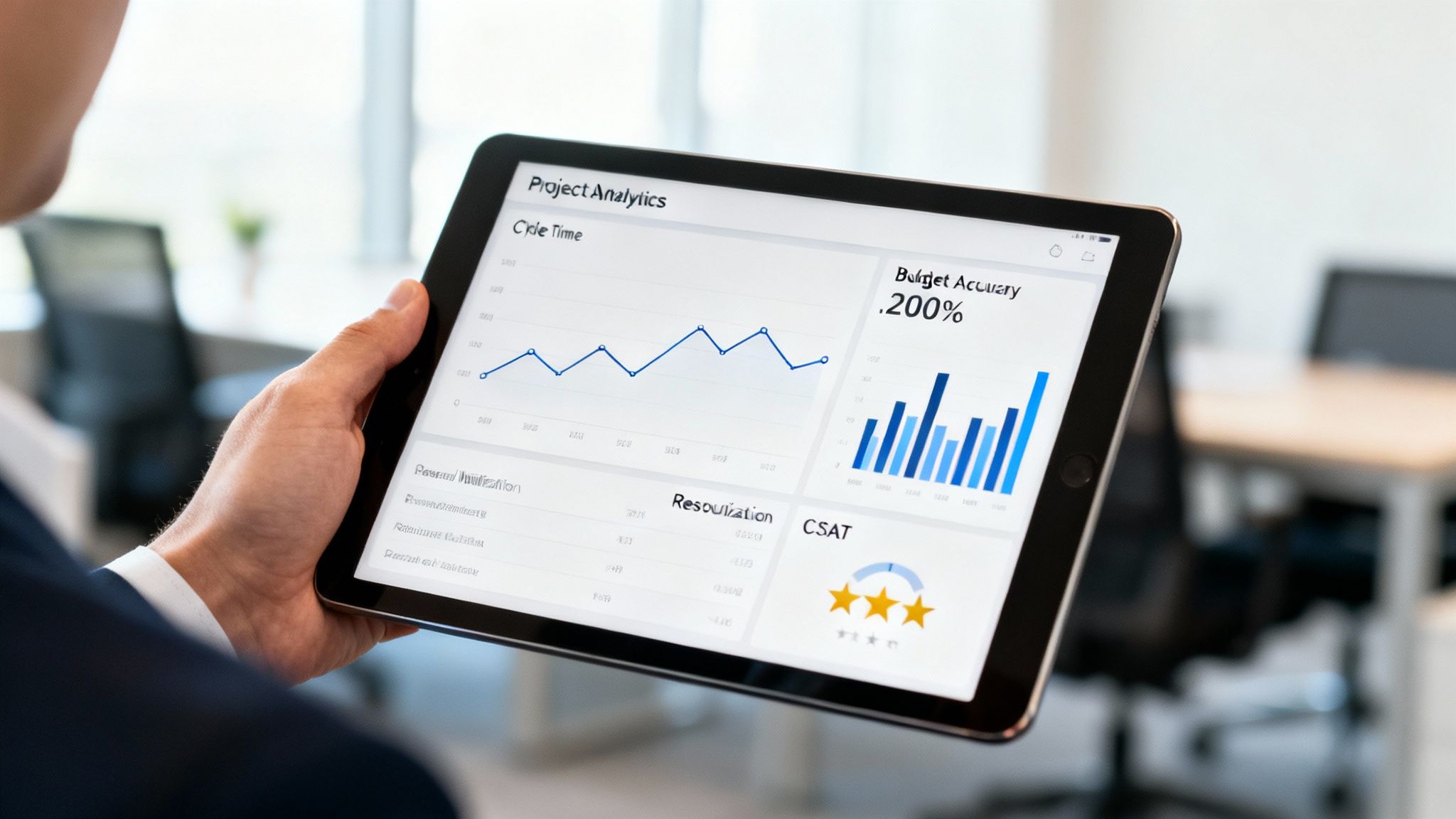 Close-up of a person holding a tablet showing project analytics dashboards with graphs and data.
