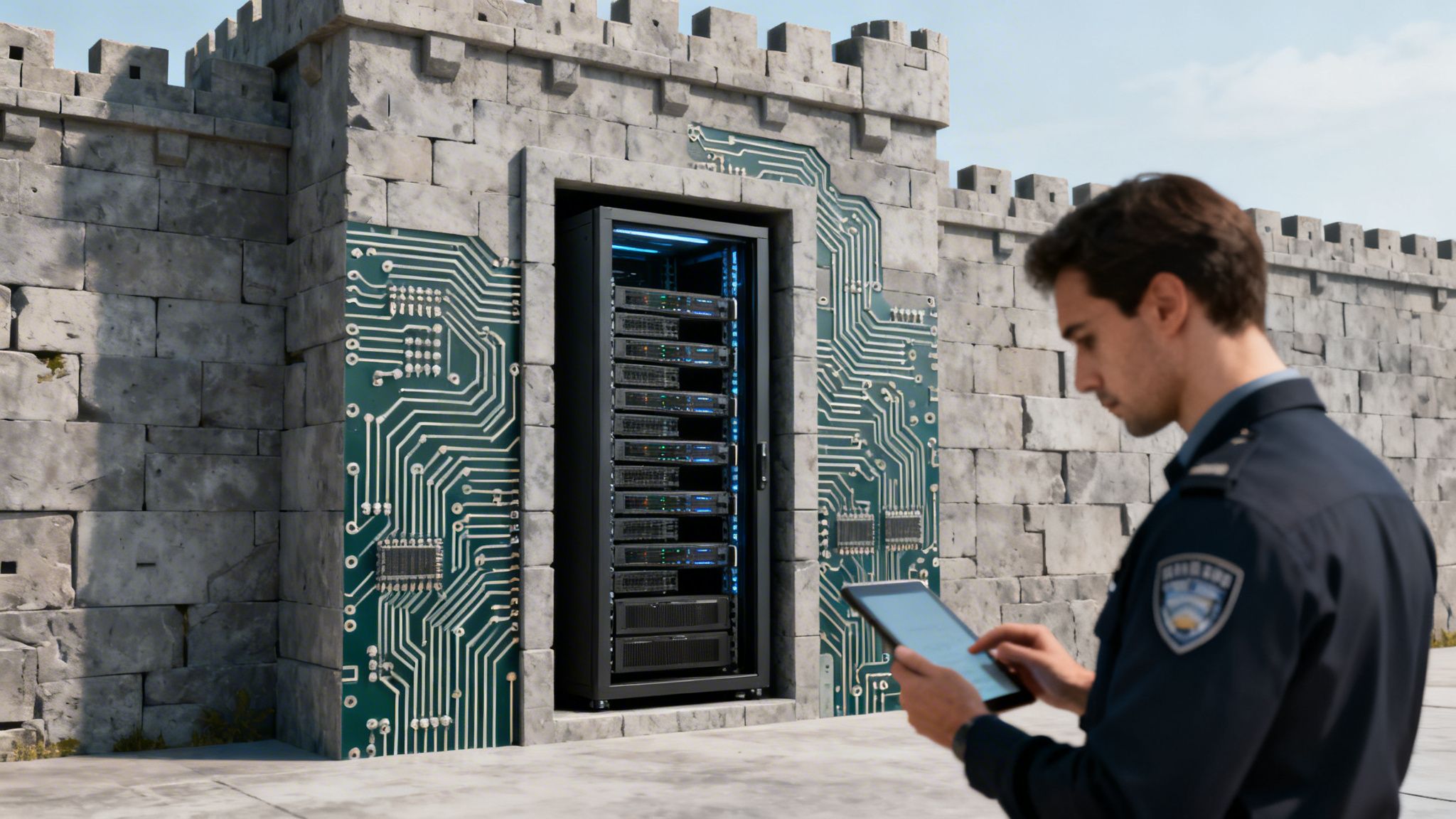 A man in uniform uses a tablet in front of a server rack within a circuit board castle wall.