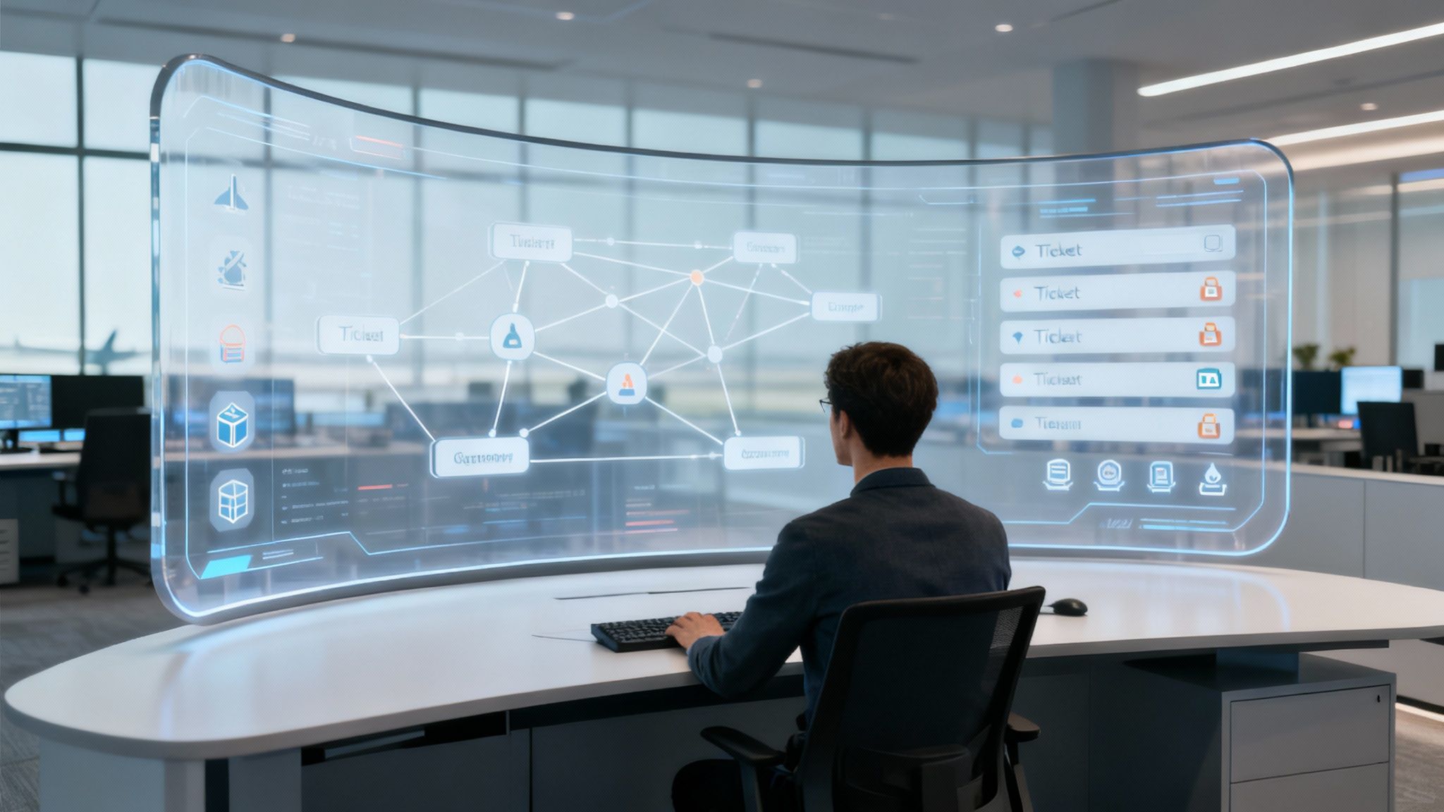 A person works on a large, curved transparent display showing data visualizations in a modern office.