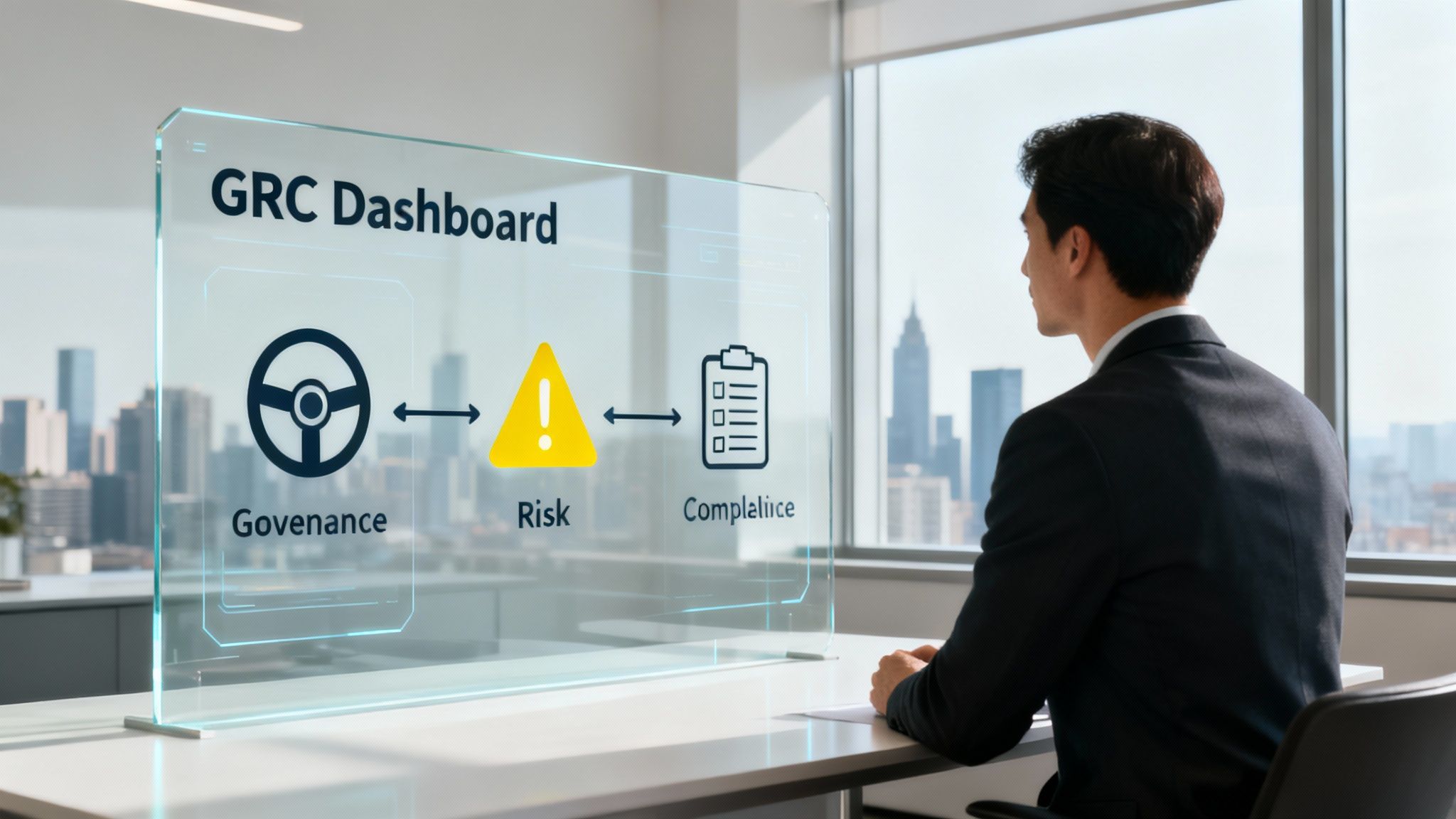 A man in an office views a GRC Dashboard on a transparent screen overlooking a city.