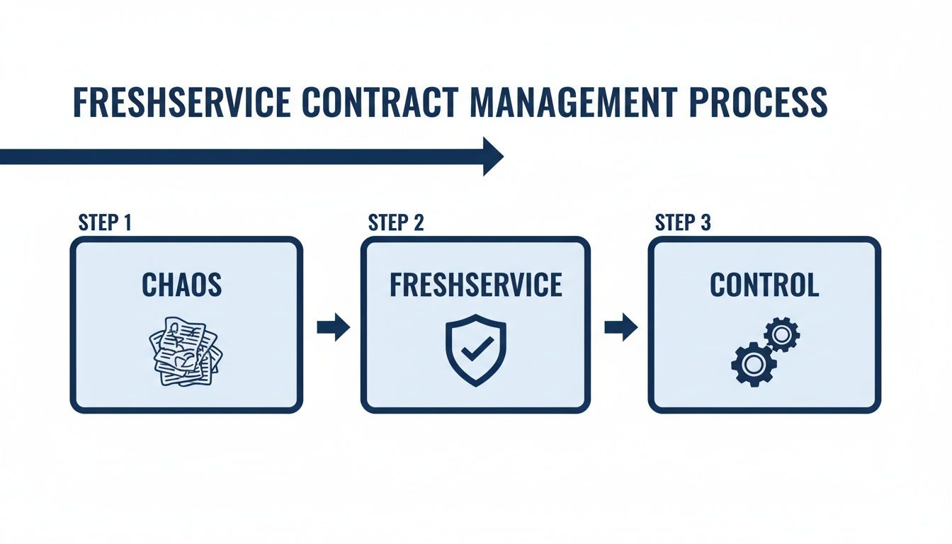 Flowchart illustrating Freshservice contract management process from initial chaos to controlled operations.