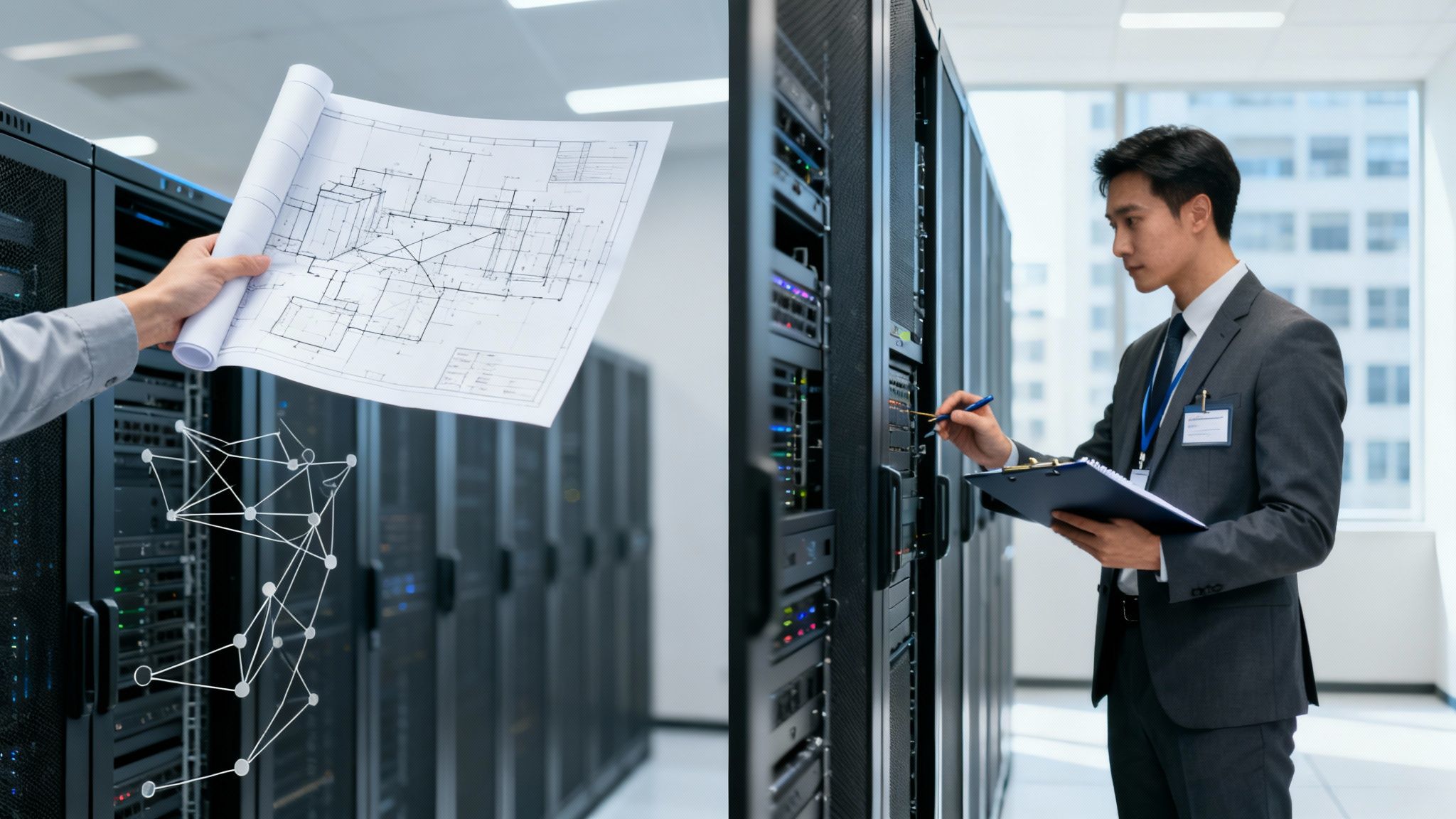 IT professionals manage a data center, with one reviewing blueprints and another inspecting server racks.