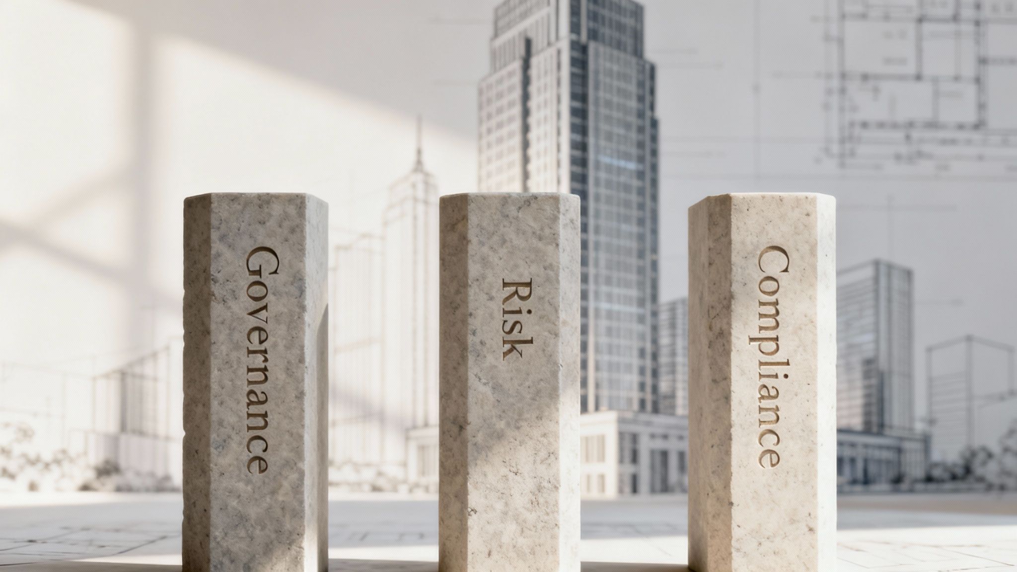 Three stone pillars with 'Governance', 'Risk', and 'Compliance' against a city and blueprint background.
