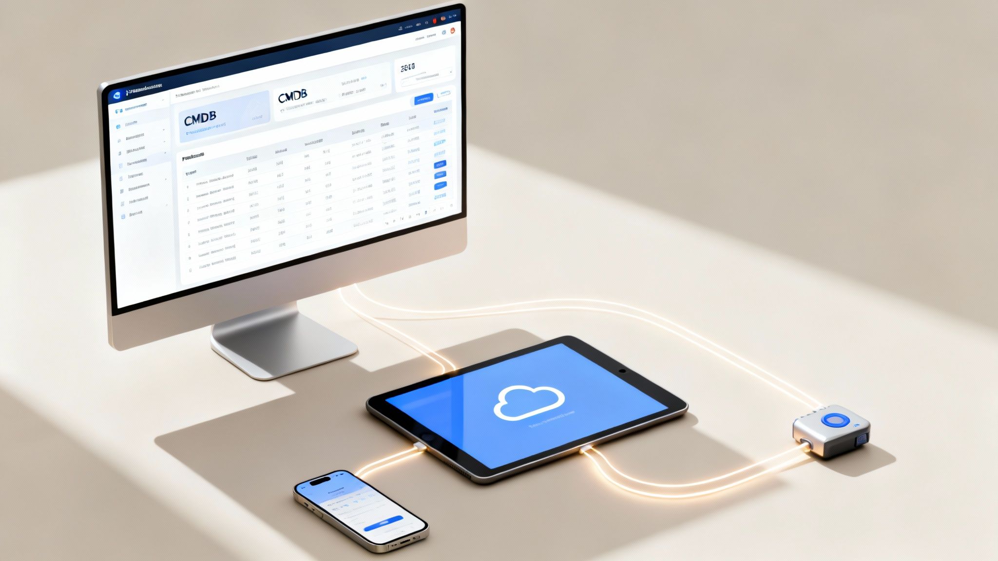 A desktop monitor displaying a CMDB dashboard, a tablet with a cloud icon, and a smartphone, all interconnected.