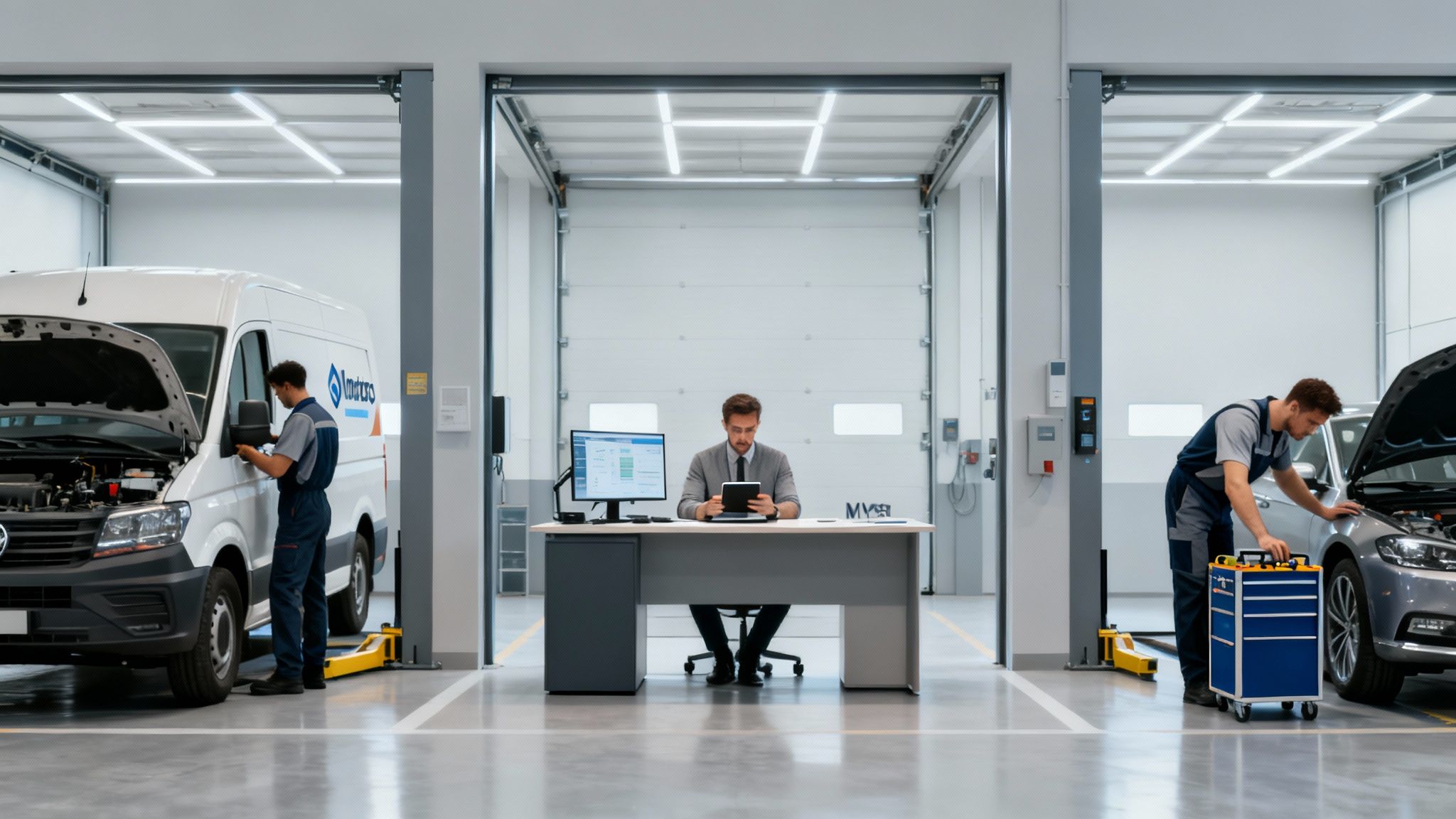 Mechanics working on cars and a manager at his desk in a modern auto service center.