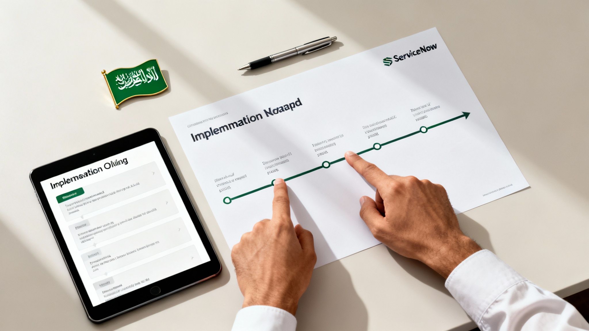Hands pointing at a ServiceNow implementation roadmap document next to a tablet and Saudi flag pin.