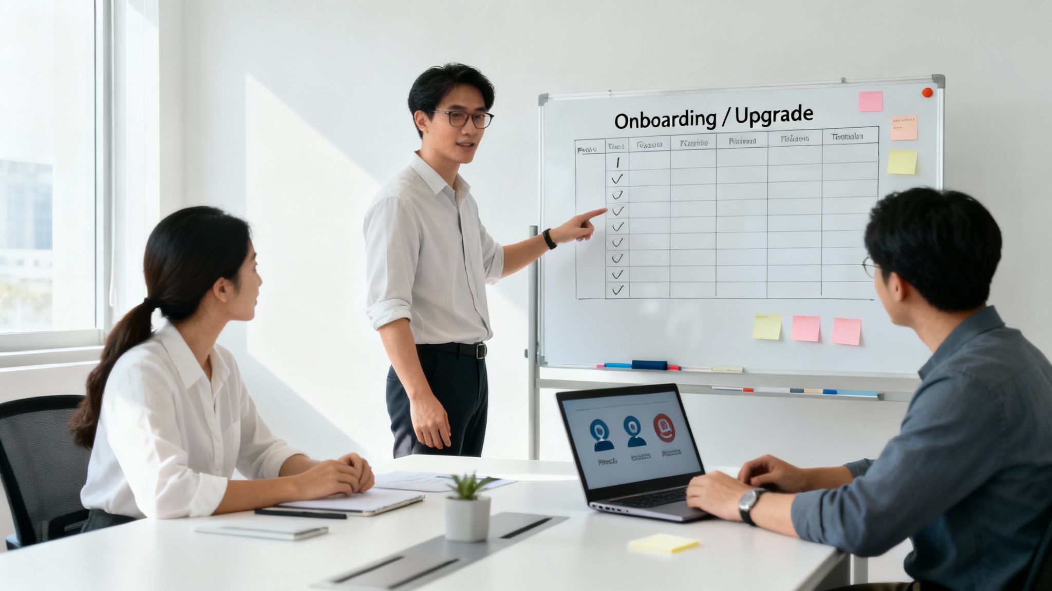 Asian business team discusses project tasks and onboarding during a meeting with a whiteboard and laptop.