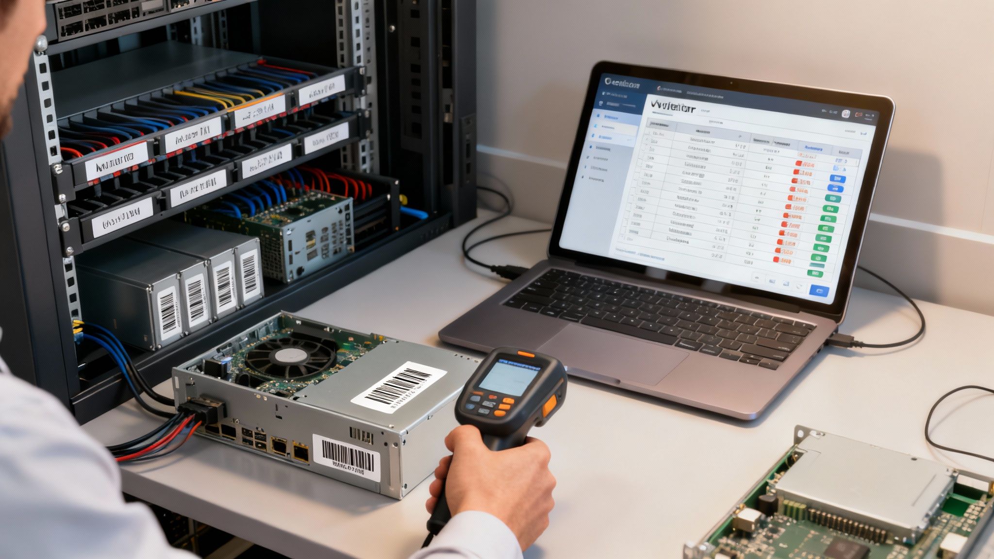 A technician scans server hardware with a barcode reader, managing IT assets with a laptop.