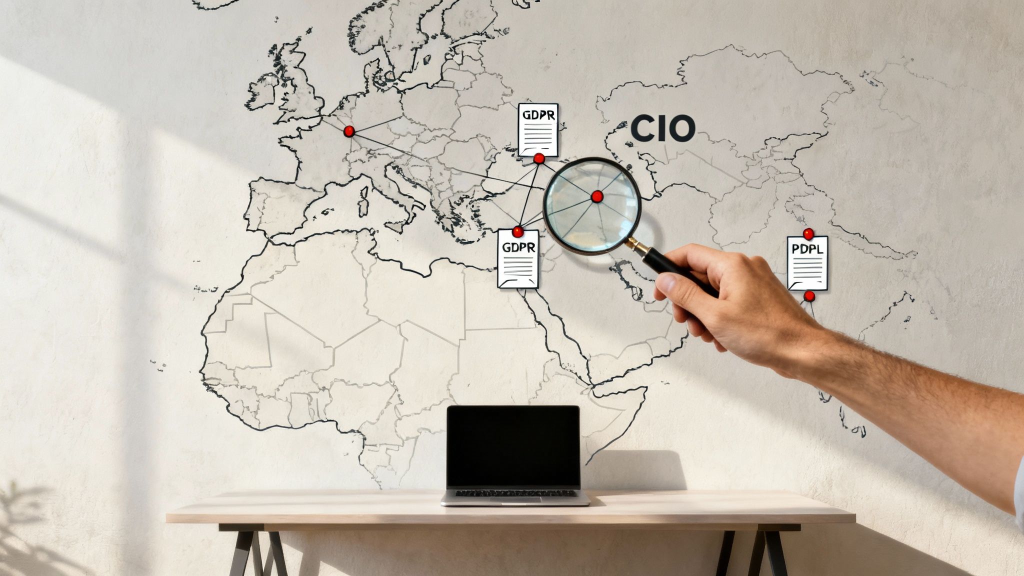 CIO analyzes global data privacy regulations (GDPR, PDPL) on a wall map with a magnifying glass.