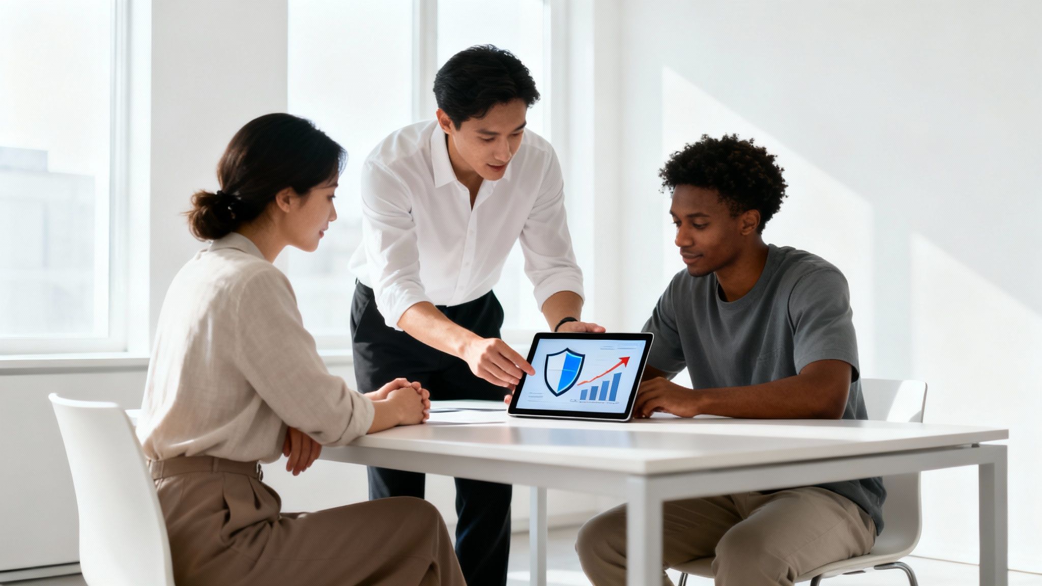Three diverse professionals analyze digital security and growth data on a tablet in a modern office.