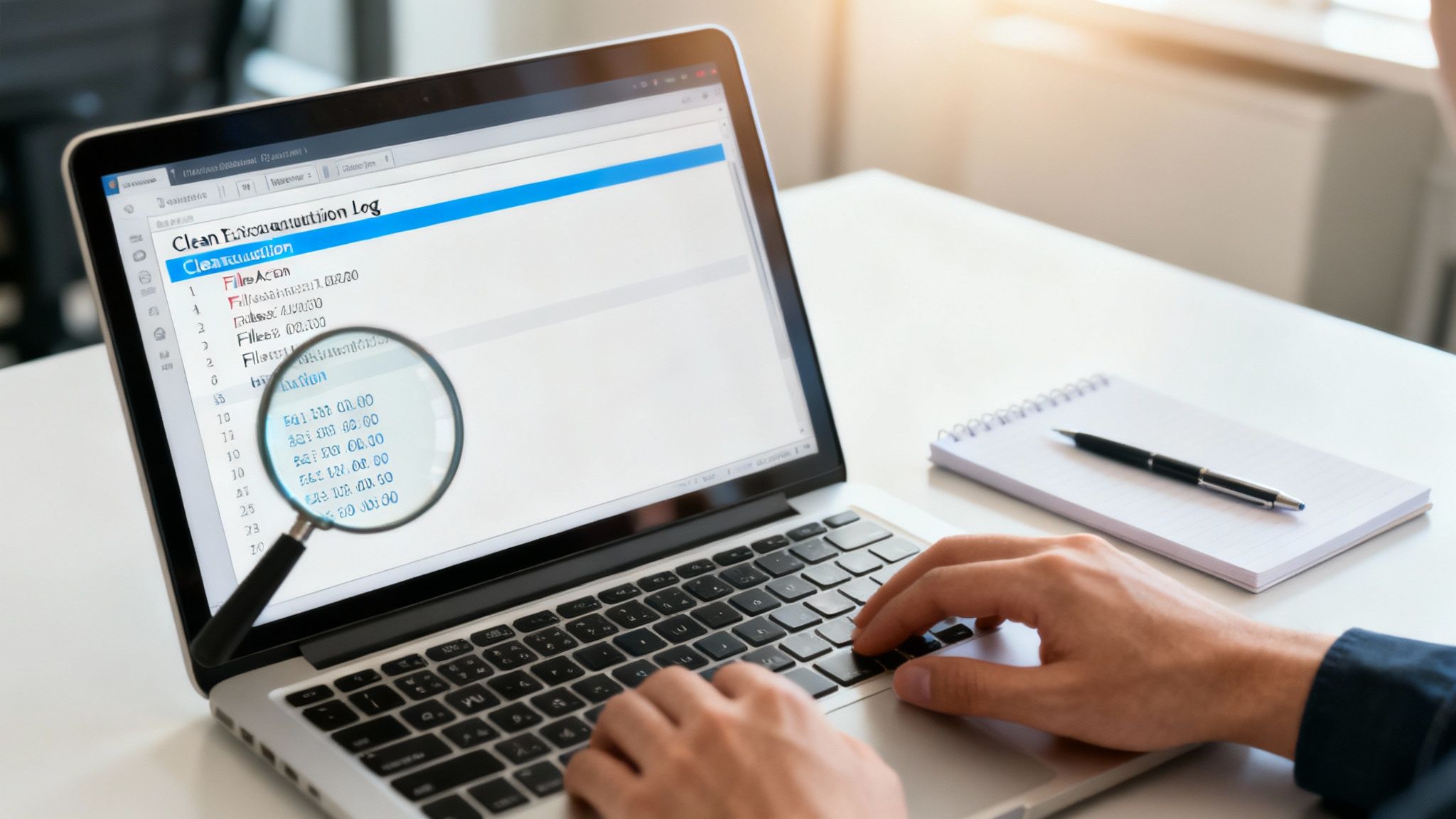 Person reviewing transaction log spreadsheet on laptop using magnifying glass for detailed data analysis