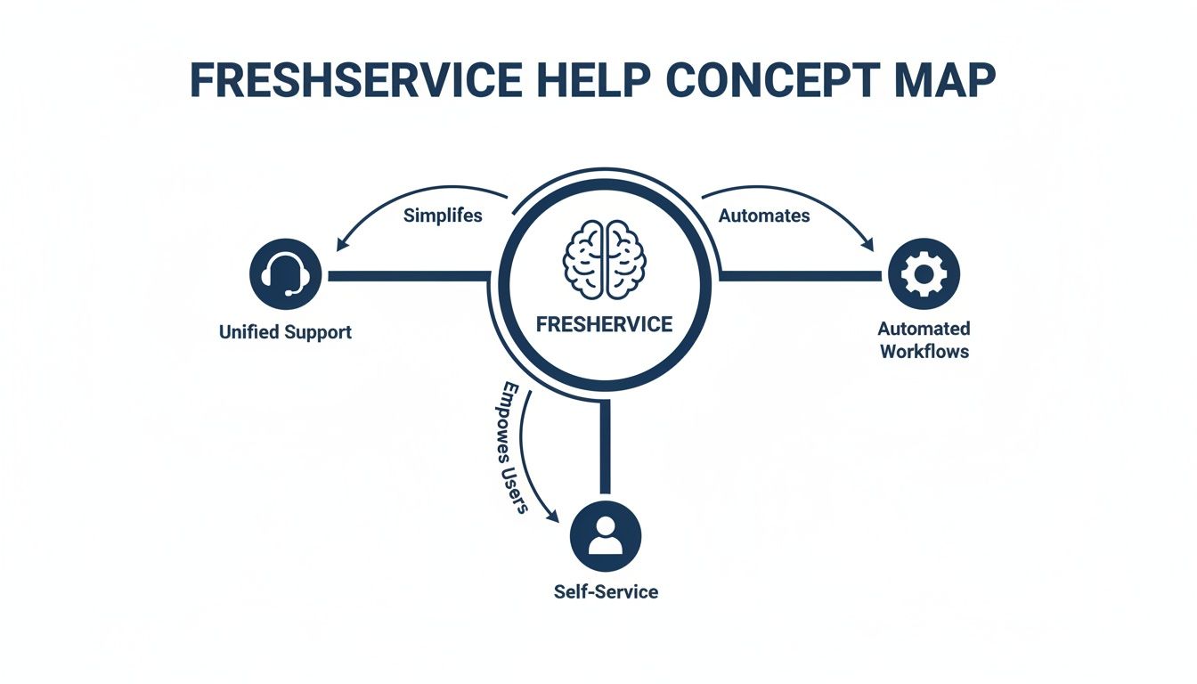 Concept map illustrating Freshservice simplifying unified support, automating workflows, and empowering self-service.